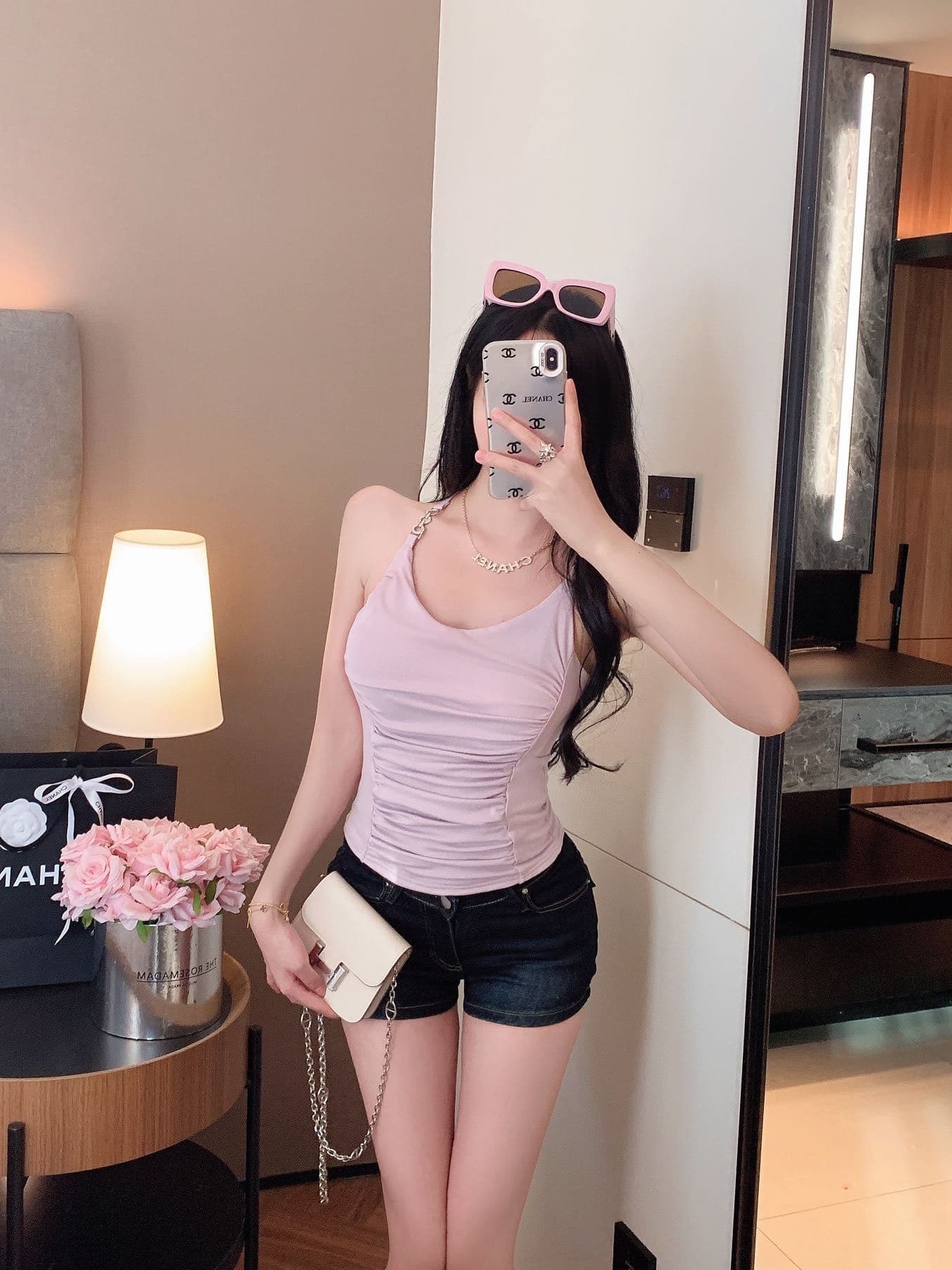 숙녀 체인 행침 목 벨트 가슴 패드 캐미솔 아름다움 뒤로 주름 허리 수축 디자인 센스 맨위 상세 이미지 23
