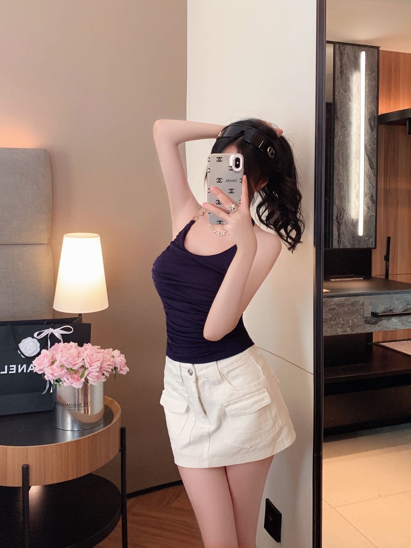 숙녀 체인 행침 목 벨트 가슴 패드 캐미솔 아름다움 뒤로 주름 허리 수축 디자인 센스 맨위 상세 이미지 28