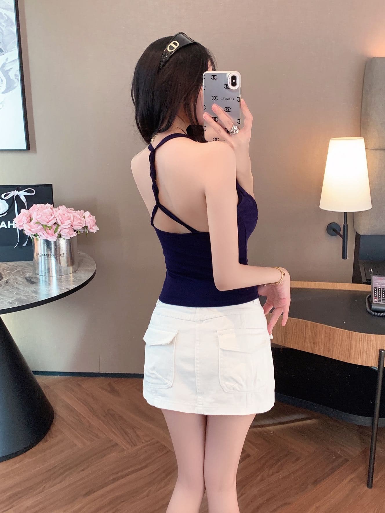 숙녀 체인 행침 목 벨트 가슴 패드 캐미솔 아름다움 뒤로 주름 허리 수축 디자인 센스 맨위 상세 이미지 29