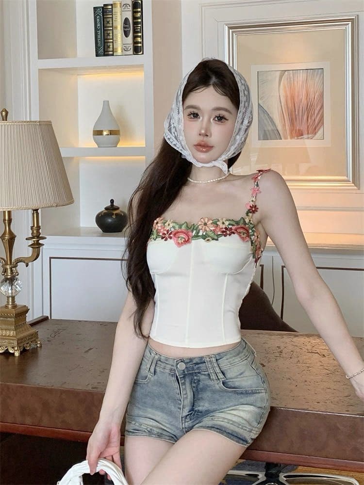 자수 꽃 새틴 캐미솔 외출용 여름 태국 사람 스타일 달콤한 핫걸 생선뼈 튜브탑 맨위 상세 이미지 15