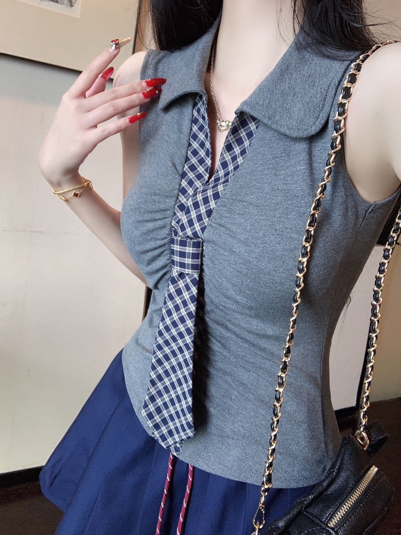 한 부서 미니멀리즘 체크무늬 넥타이 맨위 디자인 센스 몸매 가꾸기 외출용 인사이드 가져 가라. 조끼 작은 셔츠 상세 이미지 28