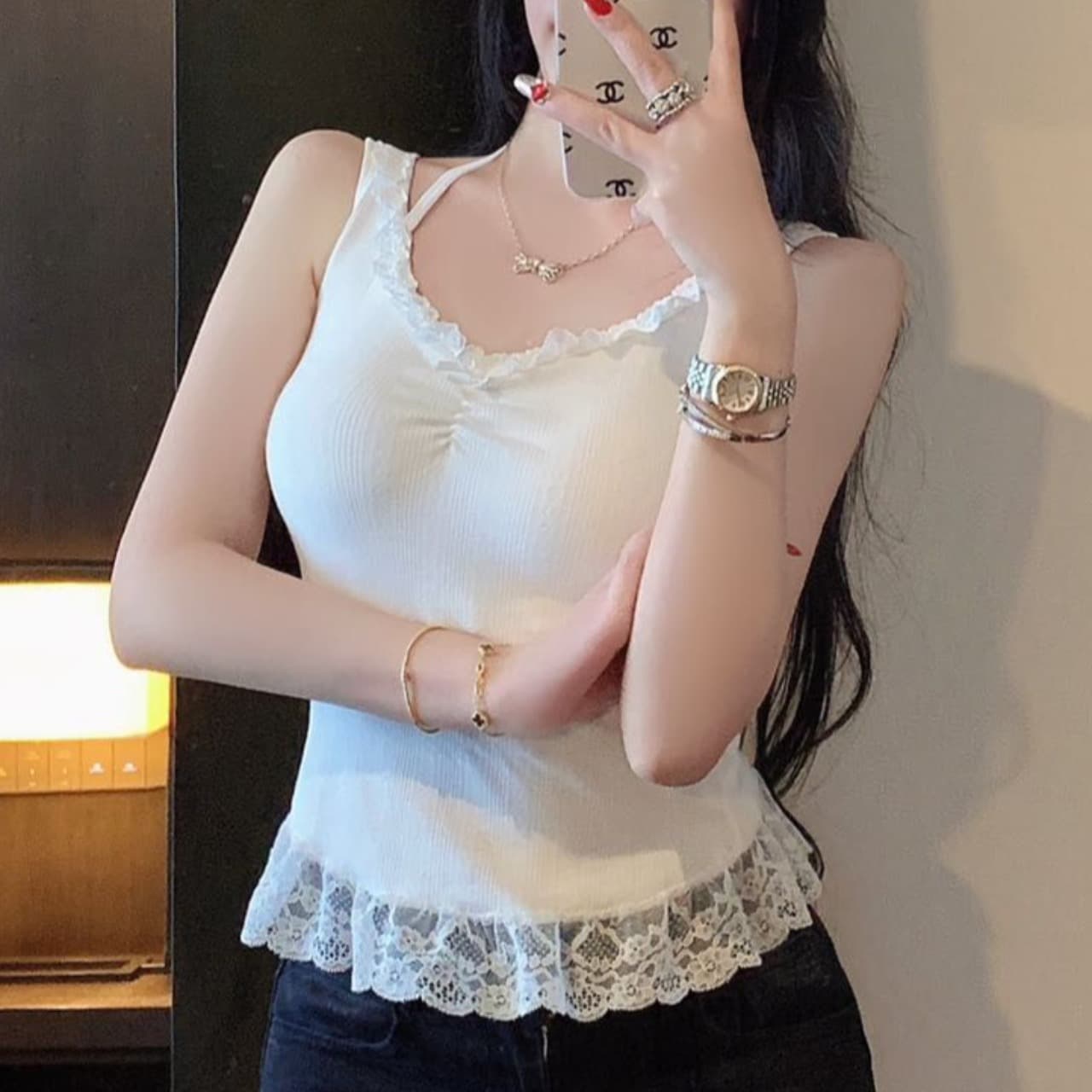 핫걸 순수한 욕망 바람 나비 매듭 레이스 조각 스트랩 행침 목 캐미솔 몸매 가꾸기 백리스 맨위 이미지 5