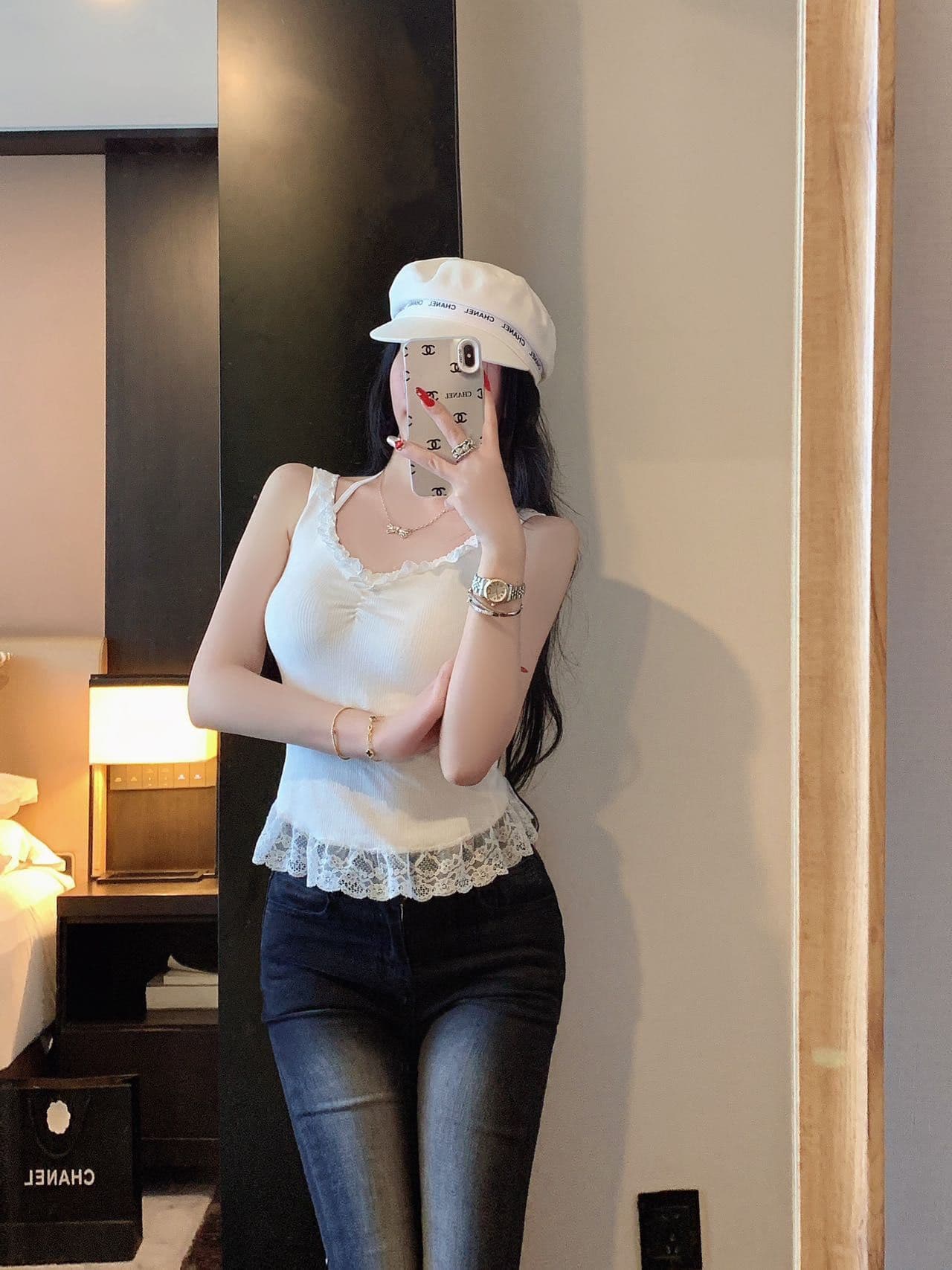 핫걸 순수한 욕망 바람 나비 매듭 레이스 조각 스트랩 행침 목 캐미솔 몸매 가꾸기 백리스 맨위 상세 이미지 9