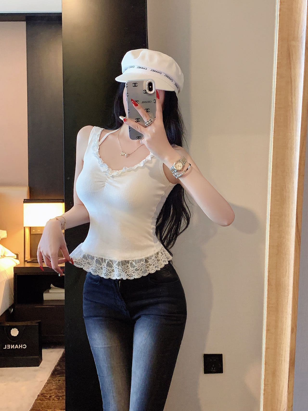 핫걸 순수한 욕망 바람 나비 매듭 레이스 조각 스트랩 행침 목 캐미솔 몸매 가꾸기 백리스 맨위 상세 이미지 10