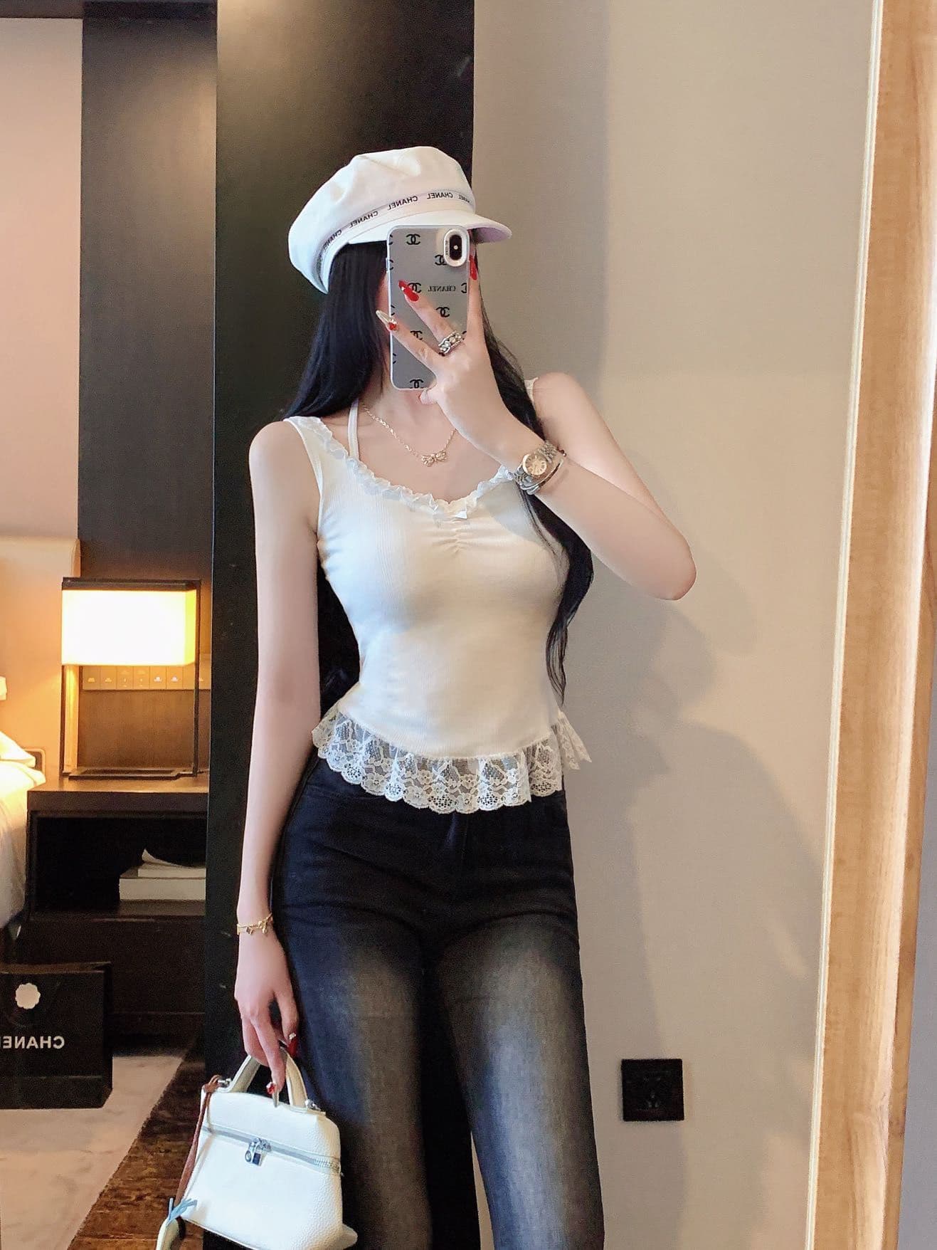핫걸 순수한 욕망 바람 나비 매듭 레이스 조각 스트랩 행침 목 캐미솔 몸매 가꾸기 백리스 맨위 상세 이미지 11