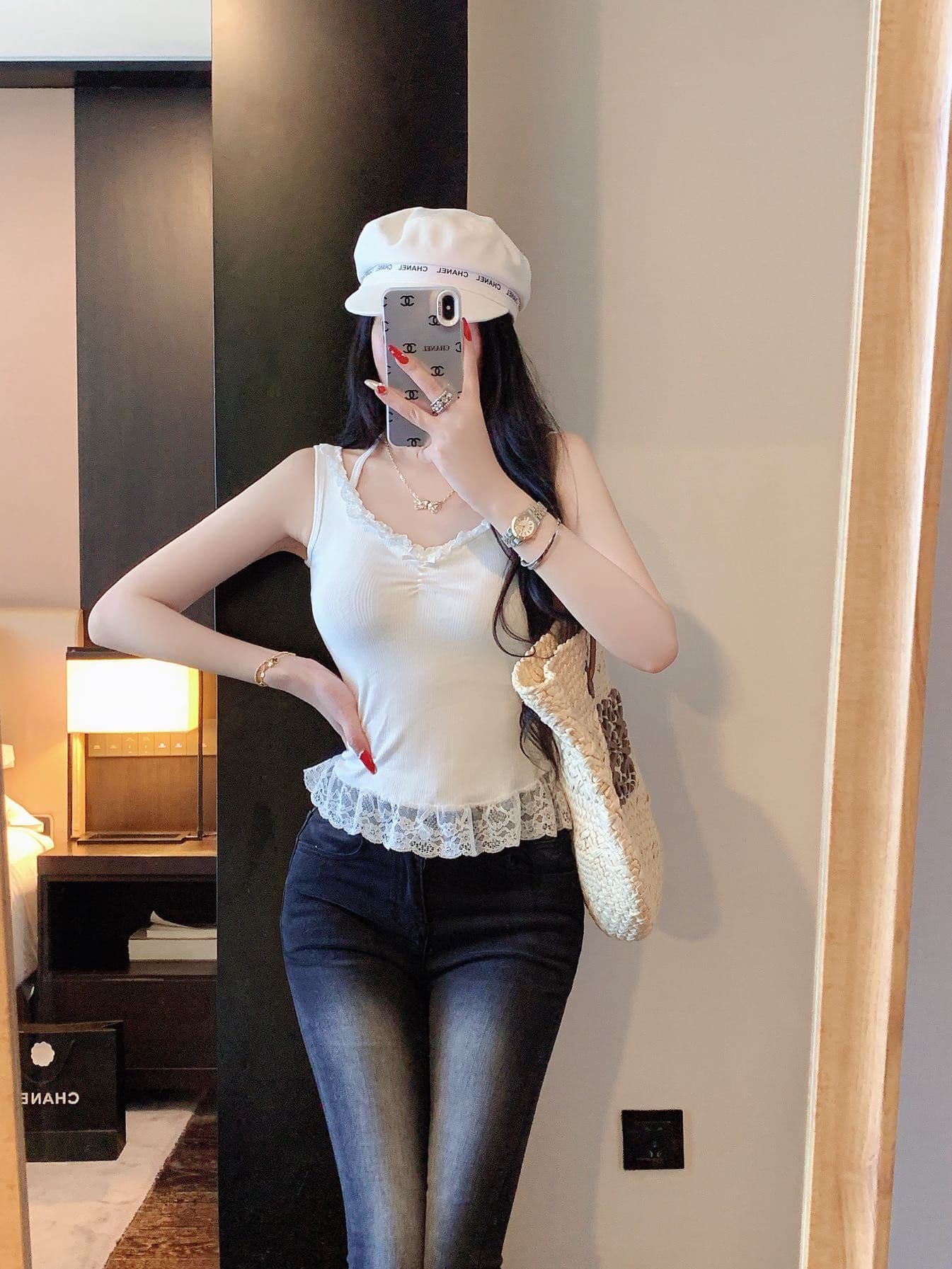 핫걸 순수한 욕망 바람 나비 매듭 레이스 조각 스트랩 행침 목 캐미솔 몸매 가꾸기 백리스 맨위 상세 이미지 12