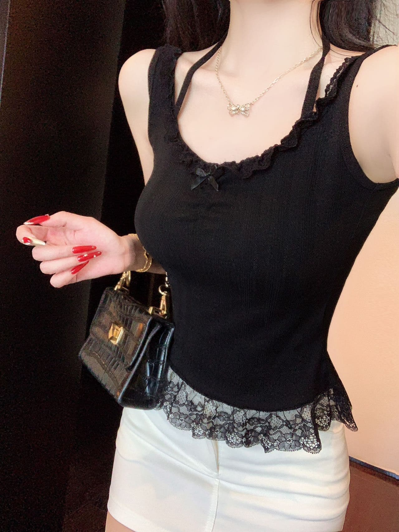 핫걸 순수한 욕망 바람 나비 매듭 레이스 조각 스트랩 행침 목 캐미솔 몸매 가꾸기 백리스 맨위 상세 이미지 15