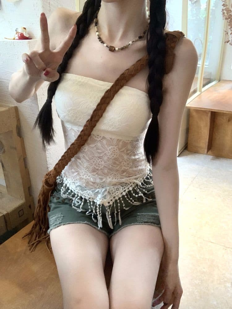 순수한 욕망 바람 섹시함 레이스 조각 술 튜브탑 조끼 여성 작은 대중 품격 슬림해 보이는 허리 수축 민소매 외출용 인사이드 가져 가라. 상세 이미지 3