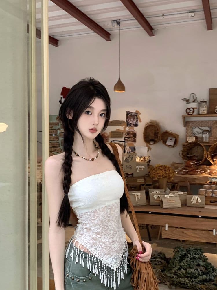 순수한 욕망 바람 섹시함 레이스 조각 술 튜브탑 조끼 여성 작은 대중 품격 슬림해 보이는 허리 수축 민소매 외출용 인사이드 가져 가라. 상세 이미지 4