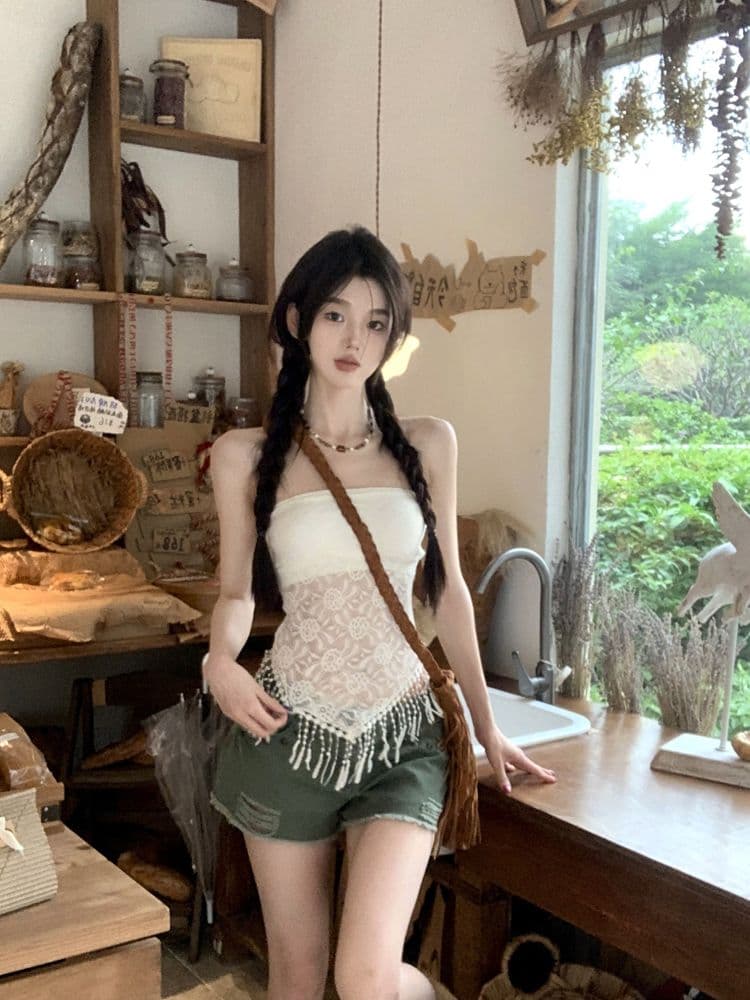 순수한 욕망 바람 섹시함 레이스 조각 술 튜브탑 조끼 여성 작은 대중 품격 슬림해 보이는 허리 수축 민소매 외출용 인사이드 가져 가라. 상세 이미지 5