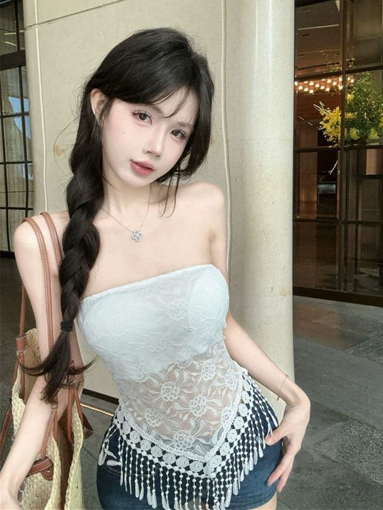 순수한 욕망 바람 섹시함 레이스 조각 술 튜브탑 조끼 여성 작은 대중 품격 슬림해 보이는 허리 수축 민소매 외출용 인사이드 가져 가라. 상세 이미지 7