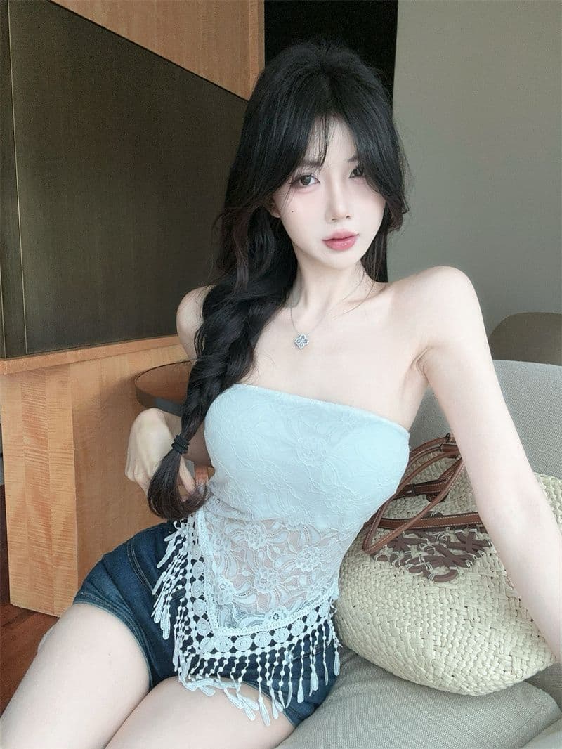 순수한 욕망 바람 섹시함 레이스 조각 술 튜브탑 조끼 여성 작은 대중 품격 슬림해 보이는 허리 수축 민소매 외출용 인사이드 가져 가라. 상세 이미지 12