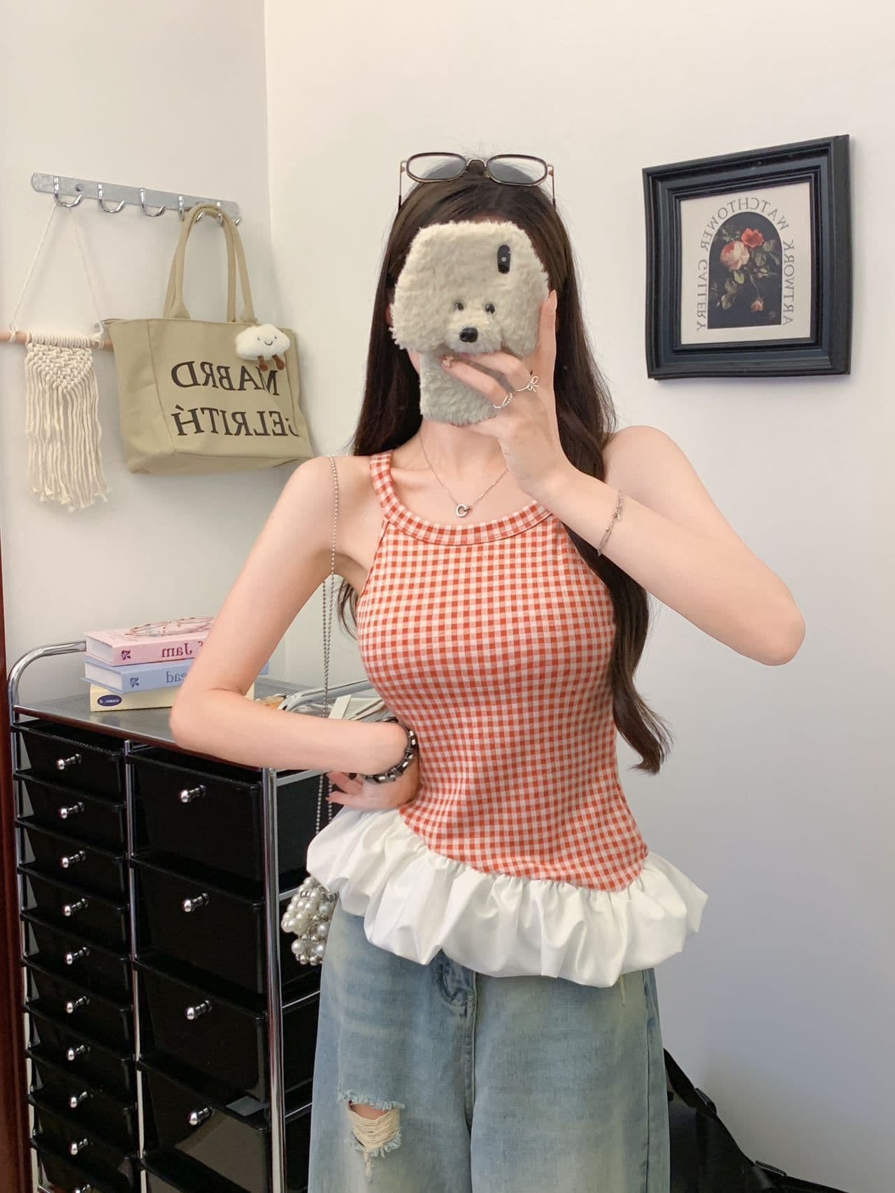 여름 새로운 불규칙 패치워크 파란색 체크무늬 캐미솔 외출용 디자인 몸매 가꾸기 벨트 가슴 패드 상세 이미지 1