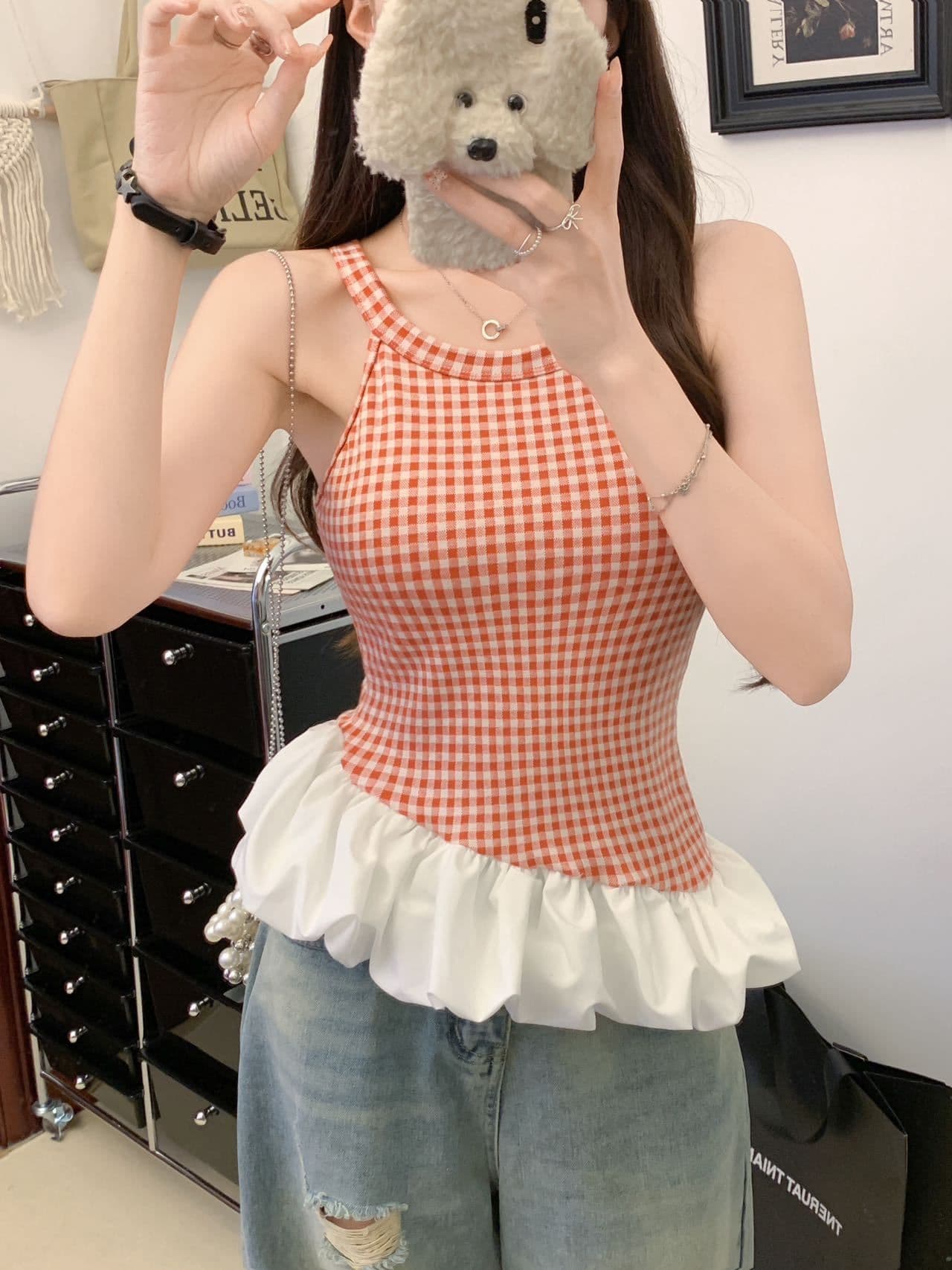 여름 새로운 불규칙 패치워크 파란색 체크무늬 캐미솔 외출용 디자인 몸매 가꾸기 벨트 가슴 패드 상세 이미지 2