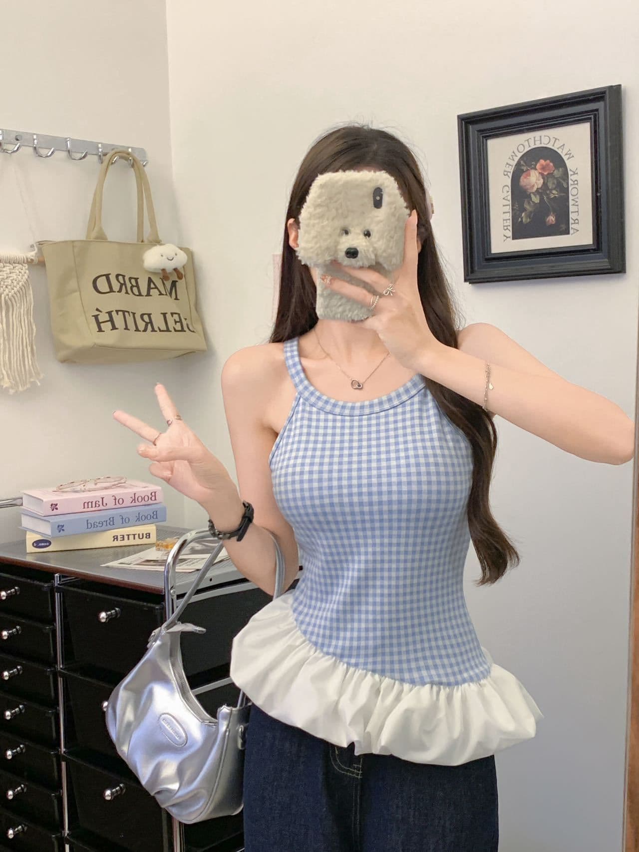 여름 새로운 불규칙 패치워크 파란색 체크무늬 캐미솔 외출용 디자인 몸매 가꾸기 벨트 가슴 패드 상세 이미지 4