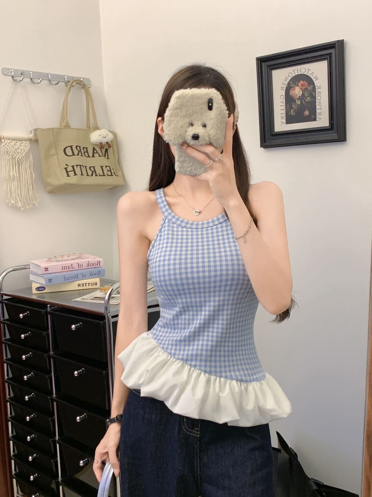 여름 새로운 불규칙 패치워크 파란색 체크무늬 캐미솔 외출용 디자인 몸매 가꾸기 벨트 가슴 패드 상세 이미지 5