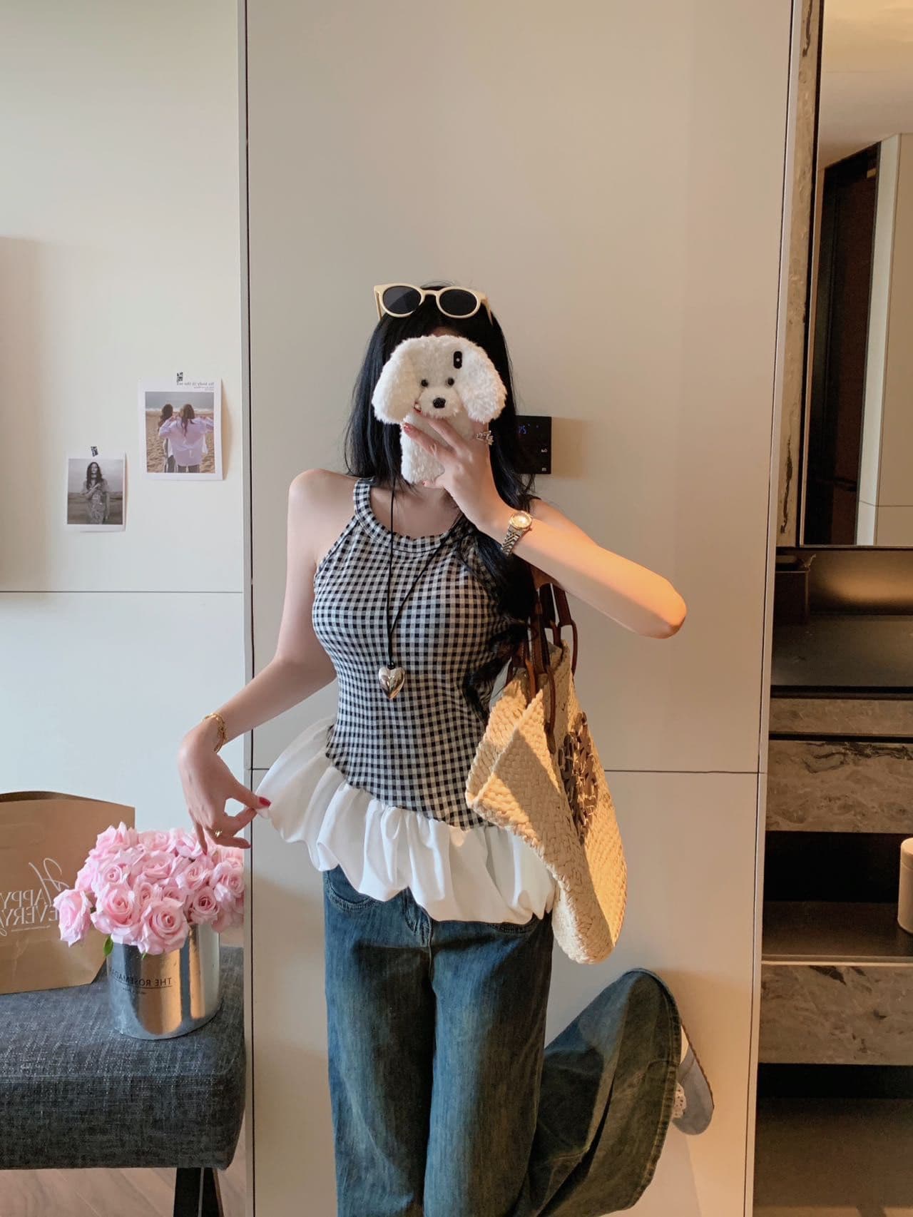 여름 새로운 불규칙 패치워크 파란색 체크무늬 캐미솔 외출용 디자인 몸매 가꾸기 벨트 가슴 패드 상세 이미지 8