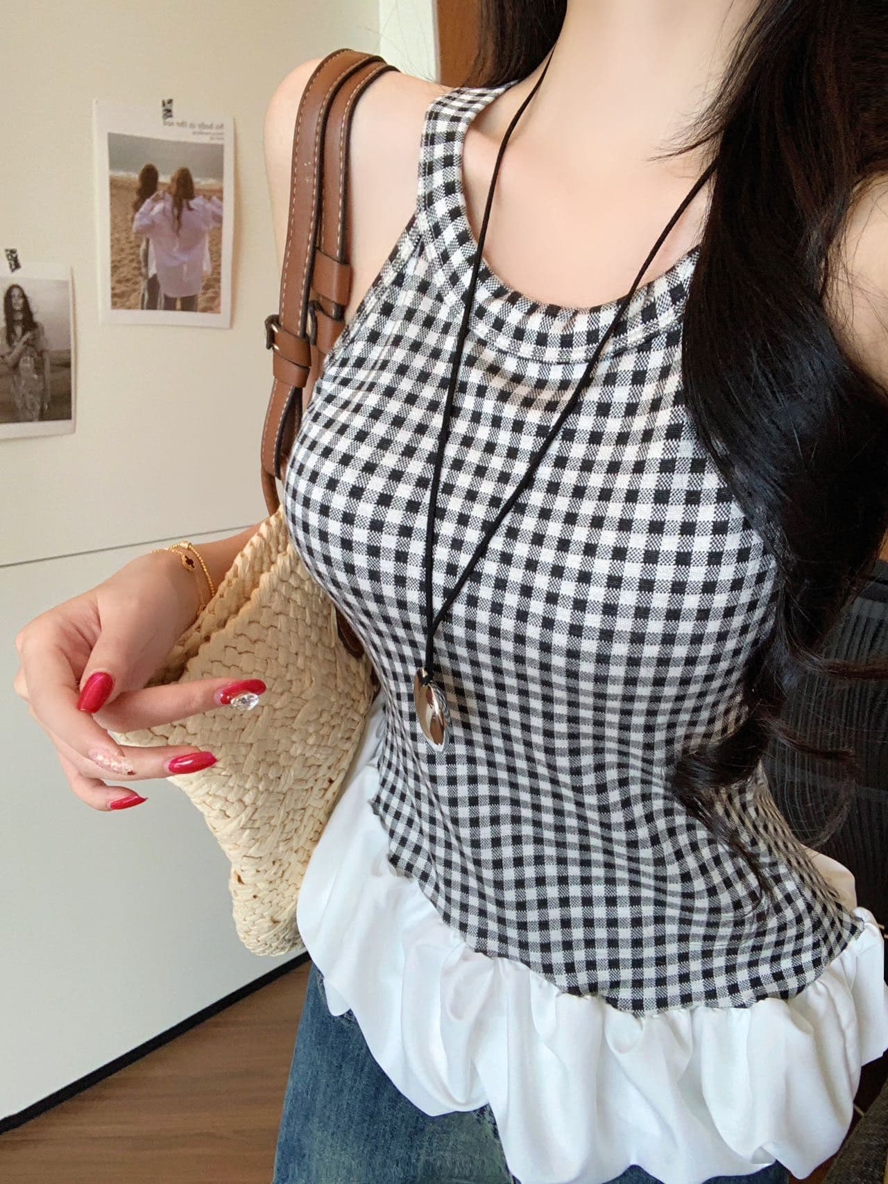 여름 새로운 불규칙 패치워크 파란색 체크무늬 캐미솔 외출용 디자인 몸매 가꾸기 벨트 가슴 패드 상세 이미지 9