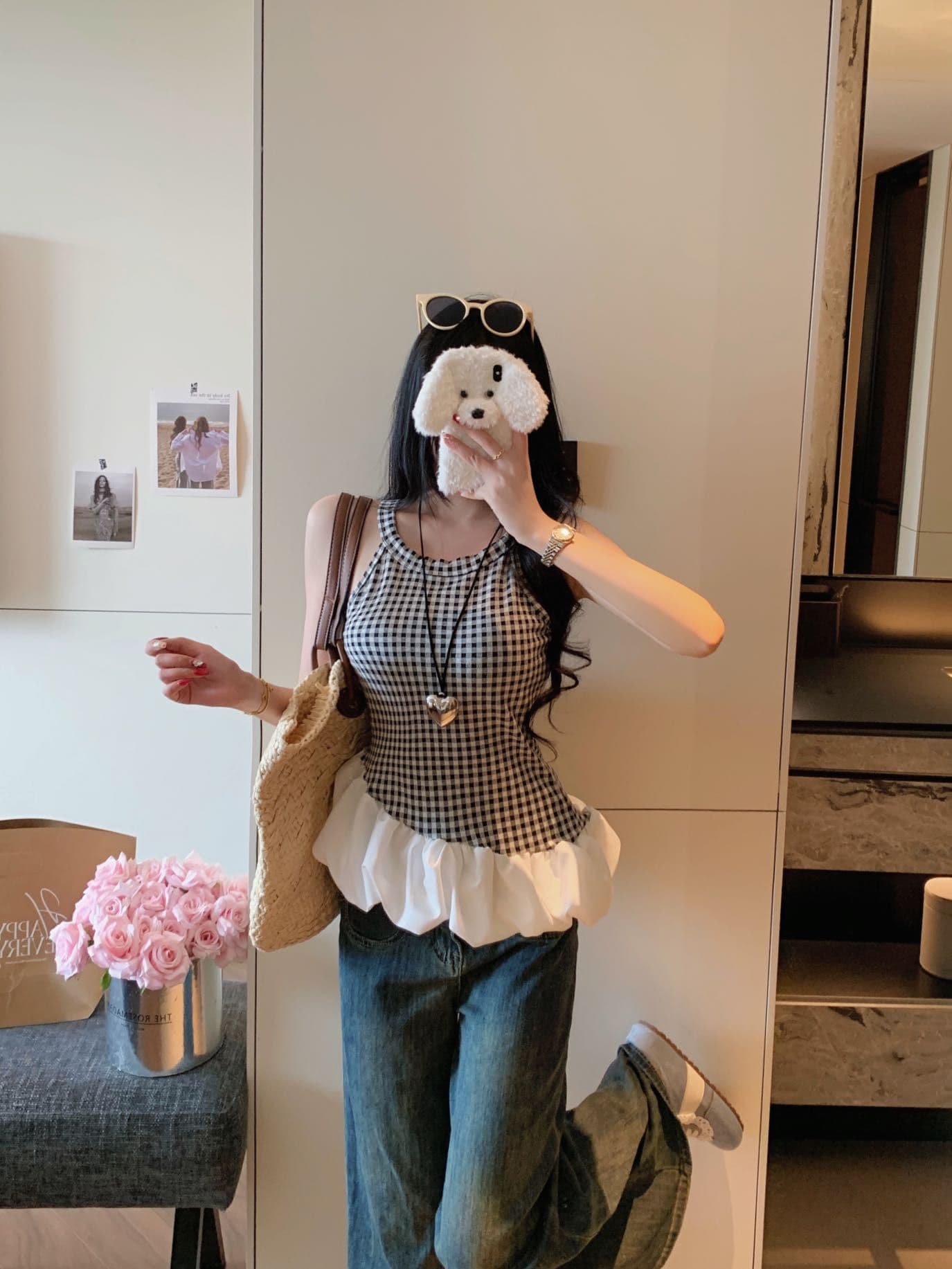 여름 새로운 불규칙 패치워크 파란색 체크무늬 캐미솔 외출용 디자인 몸매 가꾸기 벨트 가슴 패드 상세 이미지 10