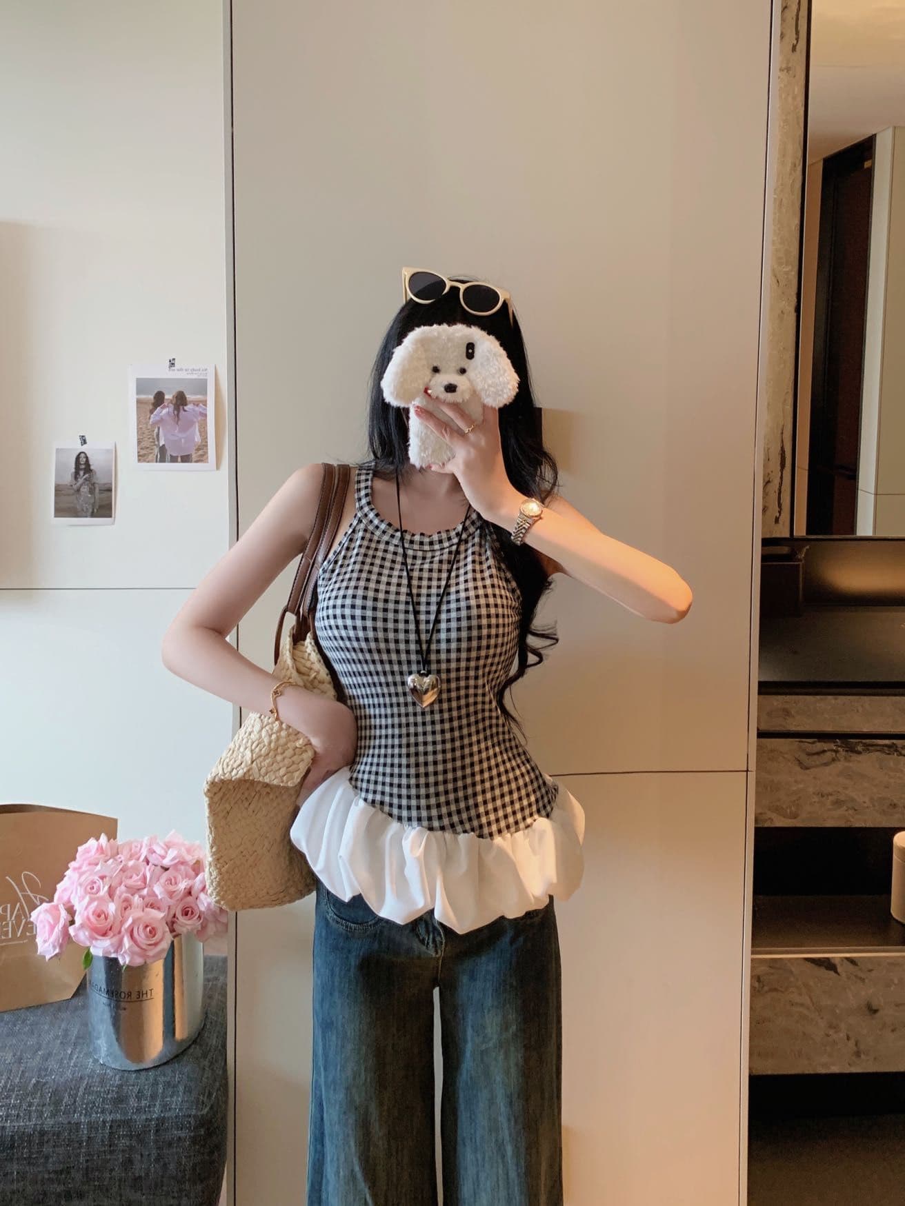 여름 새로운 불규칙 패치워크 파란색 체크무늬 캐미솔 외출용 디자인 몸매 가꾸기 벨트 가슴 패드 상세 이미지 11