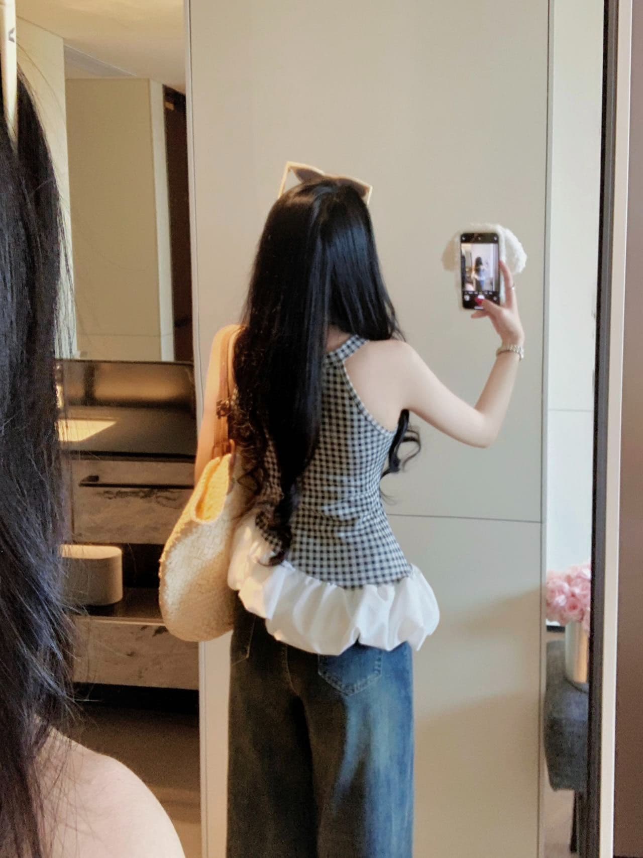 여름 새로운 불규칙 패치워크 파란색 체크무늬 캐미솔 외출용 디자인 몸매 가꾸기 벨트 가슴 패드 상세 이미지 12