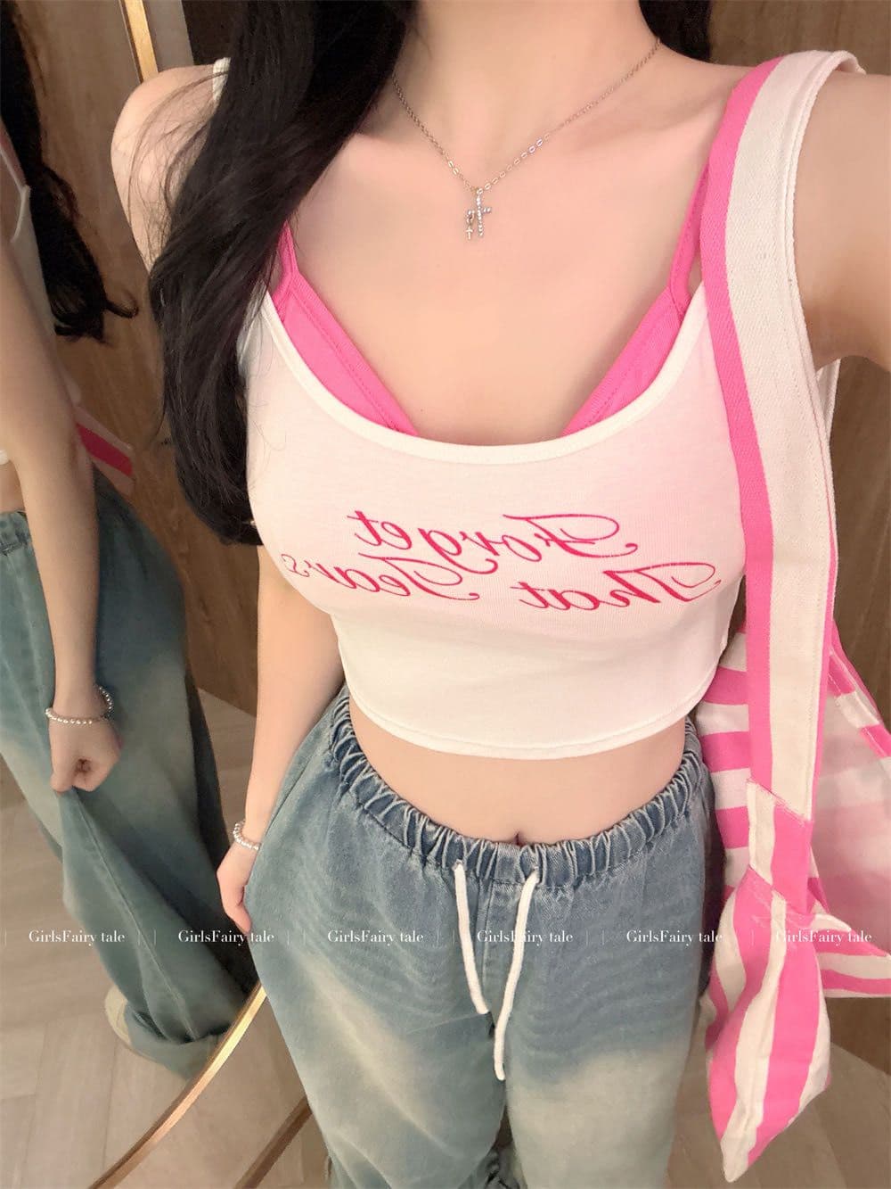 달콤한 차가운 바람 핫걸 패치워크 색상 페이크 레이어드 슬립 작은 조끼 여성 여름 한국 스타일 디자인 알파벳 프린트 쇼트 스타일 맨위 상세 이미지 1