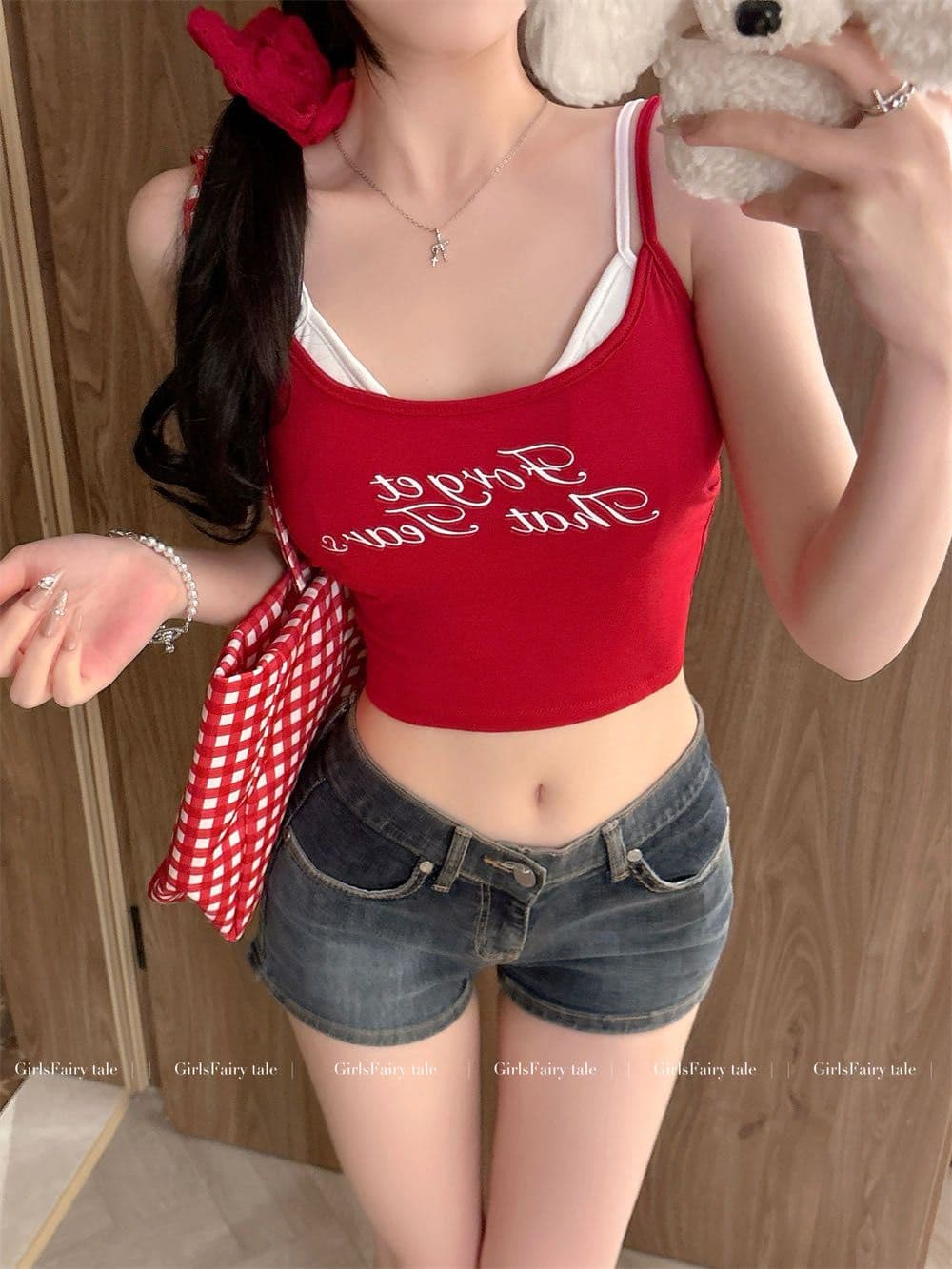 달콤한 차가운 바람 핫걸 패치워크 색상 페이크 레이어드 슬립 작은 조끼 여성 여름 한국 스타일 디자인 알파벳 프린트 쇼트 스타일 맨위 상세 이미지 10