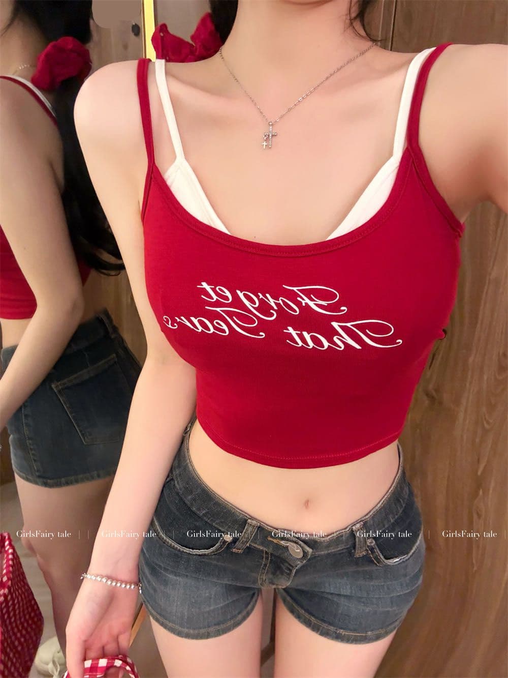 달콤한 차가운 바람 핫걸 패치워크 색상 페이크 레이어드 슬립 작은 조끼 여성 여름 한국 스타일 디자인 알파벳 프린트 쇼트 스타일 맨위 상세 이미지 12