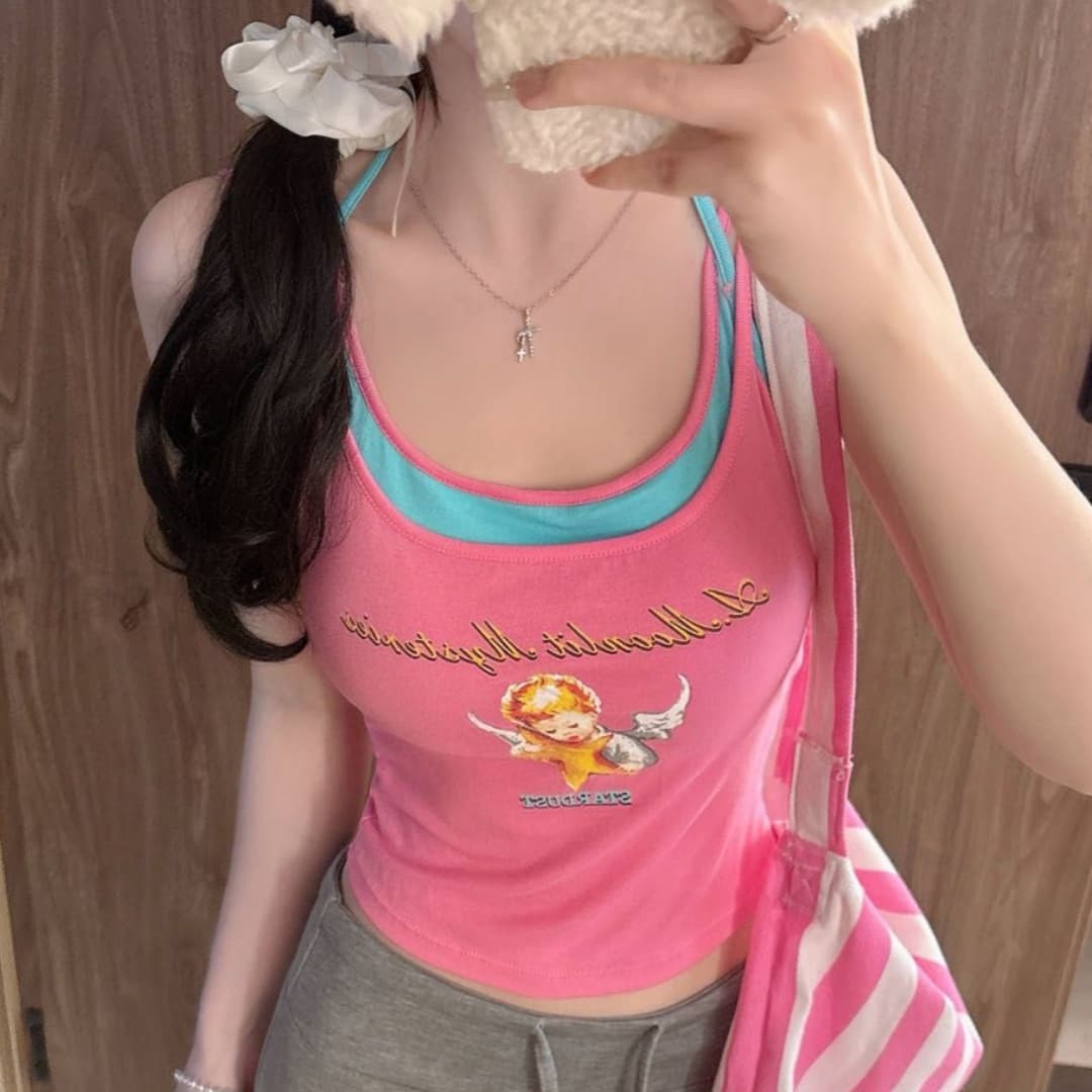 페이크 레이어드 디자인 센스 양어깨 캐미솔 원피스 몸매 가꾸기 슬림해 보이는 작은 대중 다용도 도파민 아름다움 뒤쪽에 의류 이미지 3