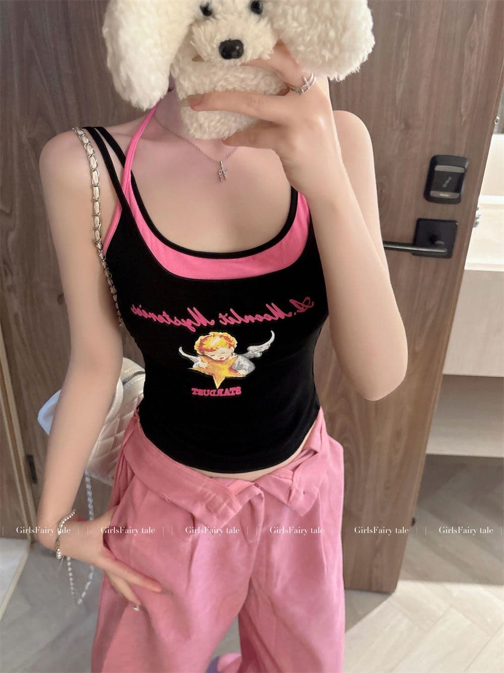 페이크 레이어드 디자인 센스 양어깨 캐미솔 원피스 몸매 가꾸기 슬림해 보이는 작은 대중 다용도 도파민 아름다움 뒤쪽에 의류 상세 이미지 1
