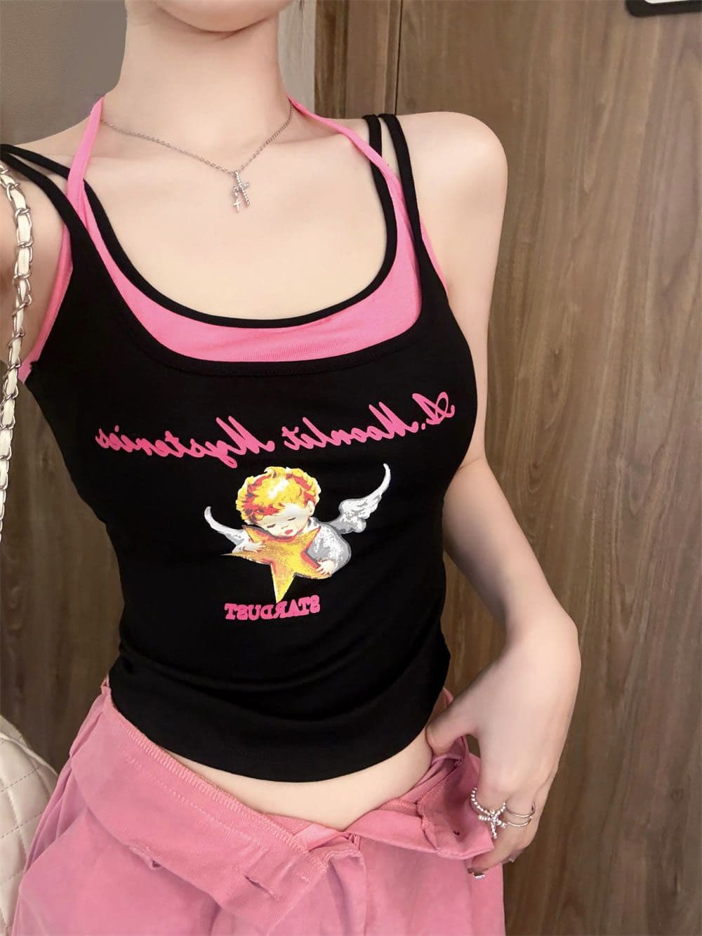 페이크 레이어드 디자인 센스 양어깨 캐미솔 원피스 몸매 가꾸기 슬림해 보이는 작은 대중 다용도 도파민 아름다움 뒤쪽에 의류 상세 이미지 3