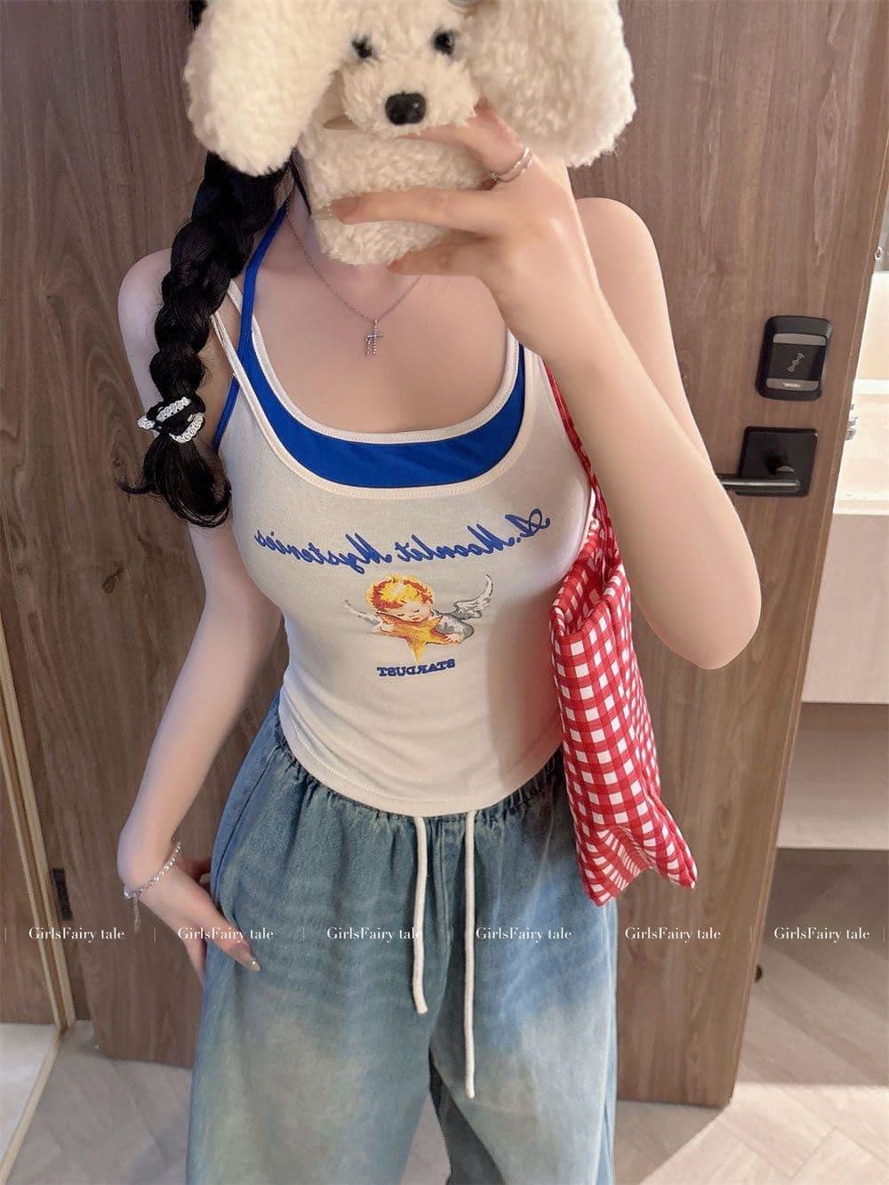페이크 레이어드 디자인 센스 양어깨 캐미솔 원피스 몸매 가꾸기 슬림해 보이는 작은 대중 다용도 도파민 아름다움 뒤쪽에 의류 상세 이미지 5