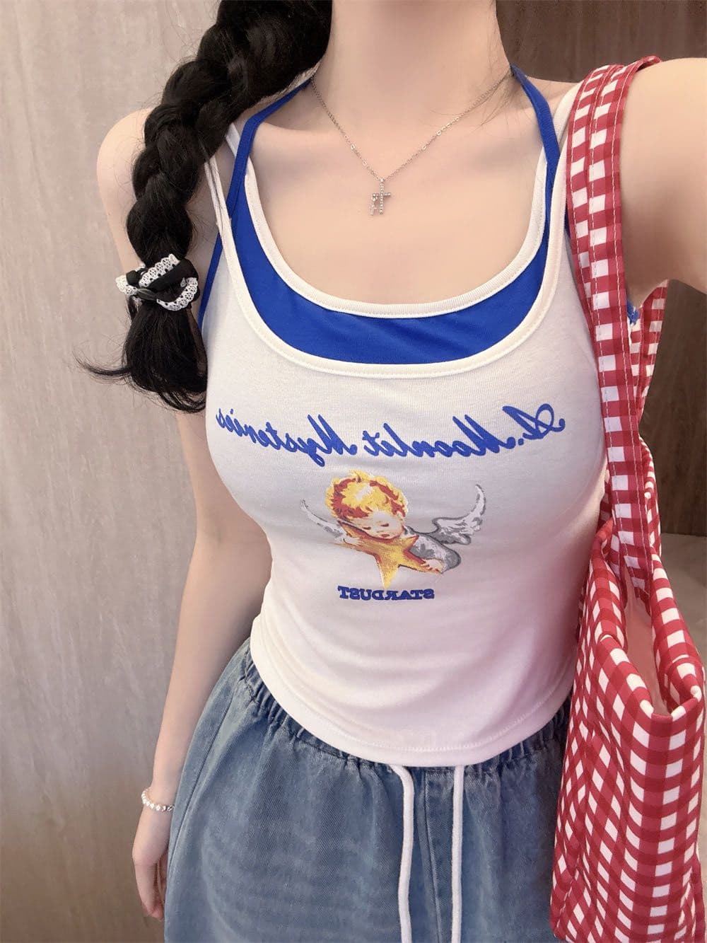 페이크 레이어드 디자인 센스 양어깨 캐미솔 원피스 몸매 가꾸기 슬림해 보이는 작은 대중 다용도 도파민 아름다움 뒤쪽에 의류 상세 이미지 9