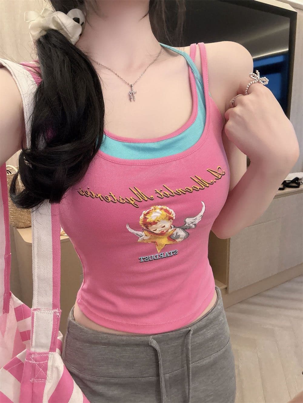 페이크 레이어드 디자인 센스 양어깨 캐미솔 원피스 몸매 가꾸기 슬림해 보이는 작은 대중 다용도 도파민 아름다움 뒤쪽에 의류 상세 이미지 14