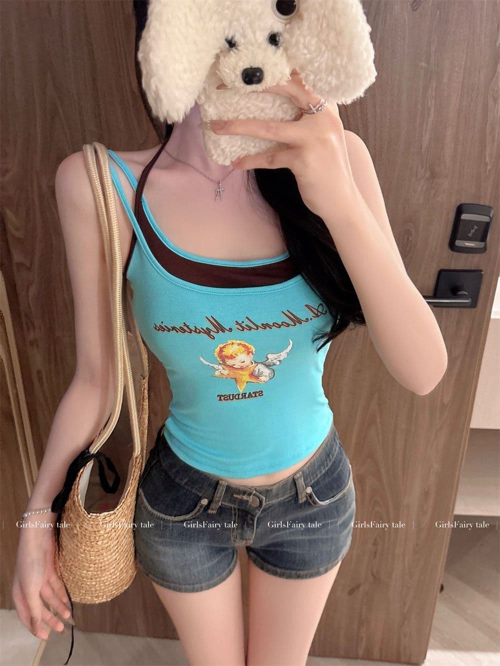 페이크 레이어드 디자인 센스 양어깨 캐미솔 원피스 몸매 가꾸기 슬림해 보이는 작은 대중 다용도 도파민 아름다움 뒤쪽에 의류 상세 이미지 16