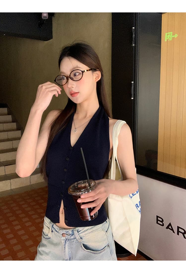 한 부서 품격 조끼 V넥 행침 목 스타일 캐미솔 여름 외출용 쇼트 스타일 몸매 가꾸기 허리 수축 민소매 맨위 상세 이미지 21