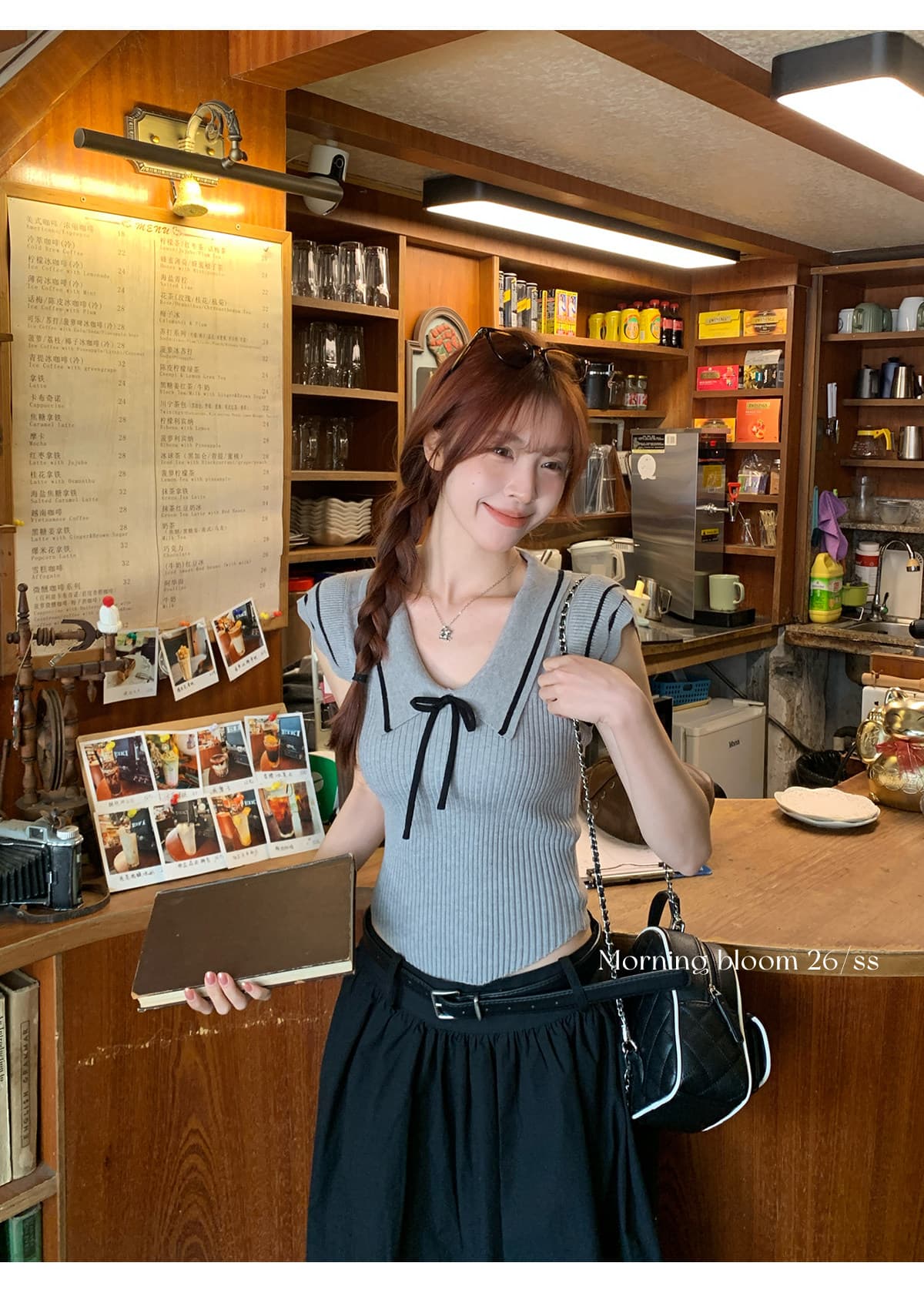 한 부서 배색 폴로 칼라 반팔 니트 스웨터 여성 의류 여름 순수한 욕망 학원 스타일 몸매 가꾸기 허리 수축 쇼트 스타일 티셔츠 맨위 상세 이미지 3