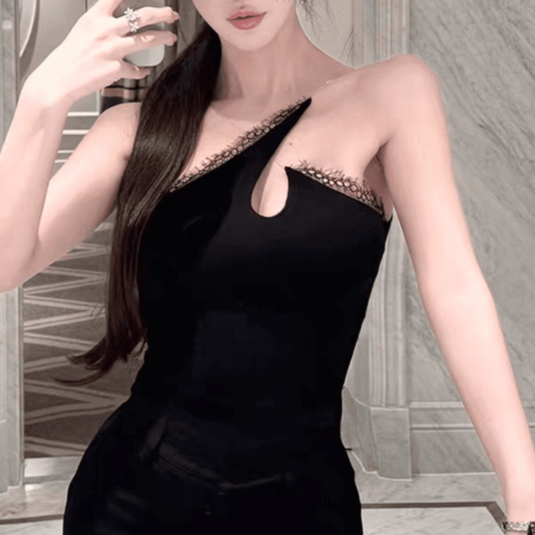 한 부서 로얄 자매 바람 비스듬한 칼라 행침 목 스타일 조끼 여성 여름 새로운 슬립 섹시함 백리스 홀로우 아웃 비대칭 맨위 이미지 2