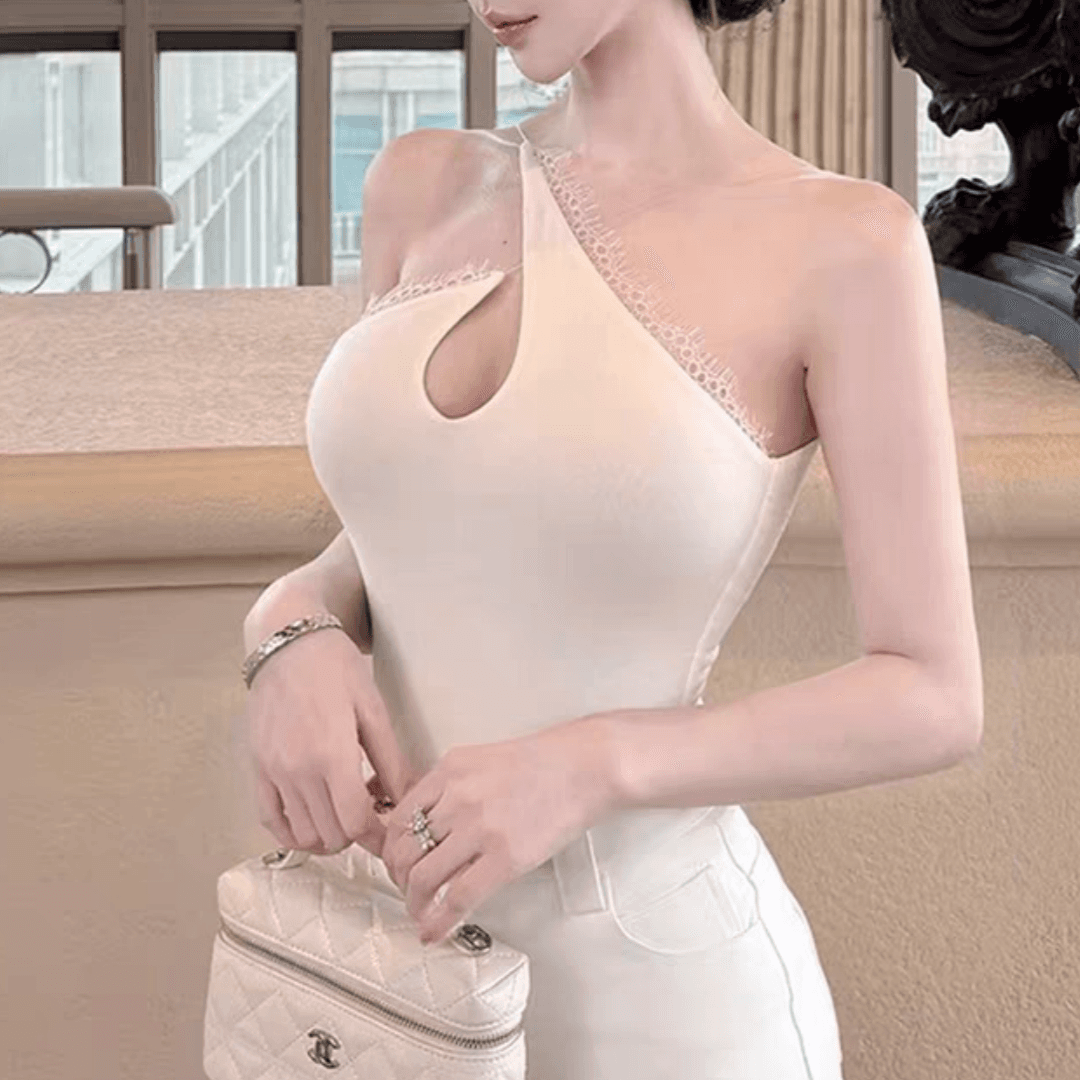 한 부서 로얄 자매 바람 비스듬한 칼라 행침 목 스타일 조끼 여성 여름 새로운 슬립 섹시함 백리스 홀로우 아웃 비대칭 맨위 이미지 3