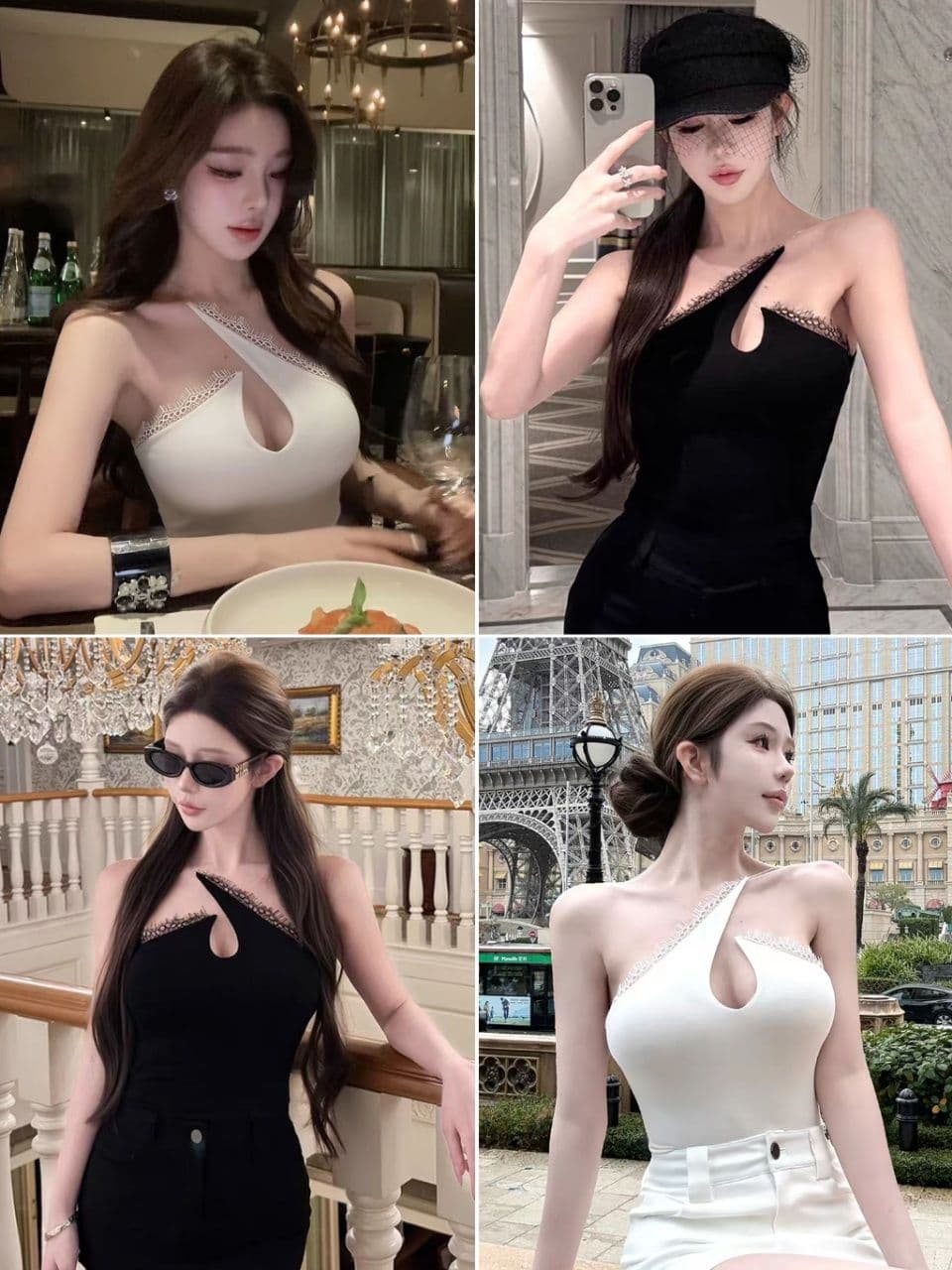 한 부서 로얄 자매 바람 비스듬한 칼라 행침 목 스타일 조끼 여성 여름 새로운 슬립 섹시함 백리스 홀로우 아웃 비대칭 맨위 상세 이미지 6