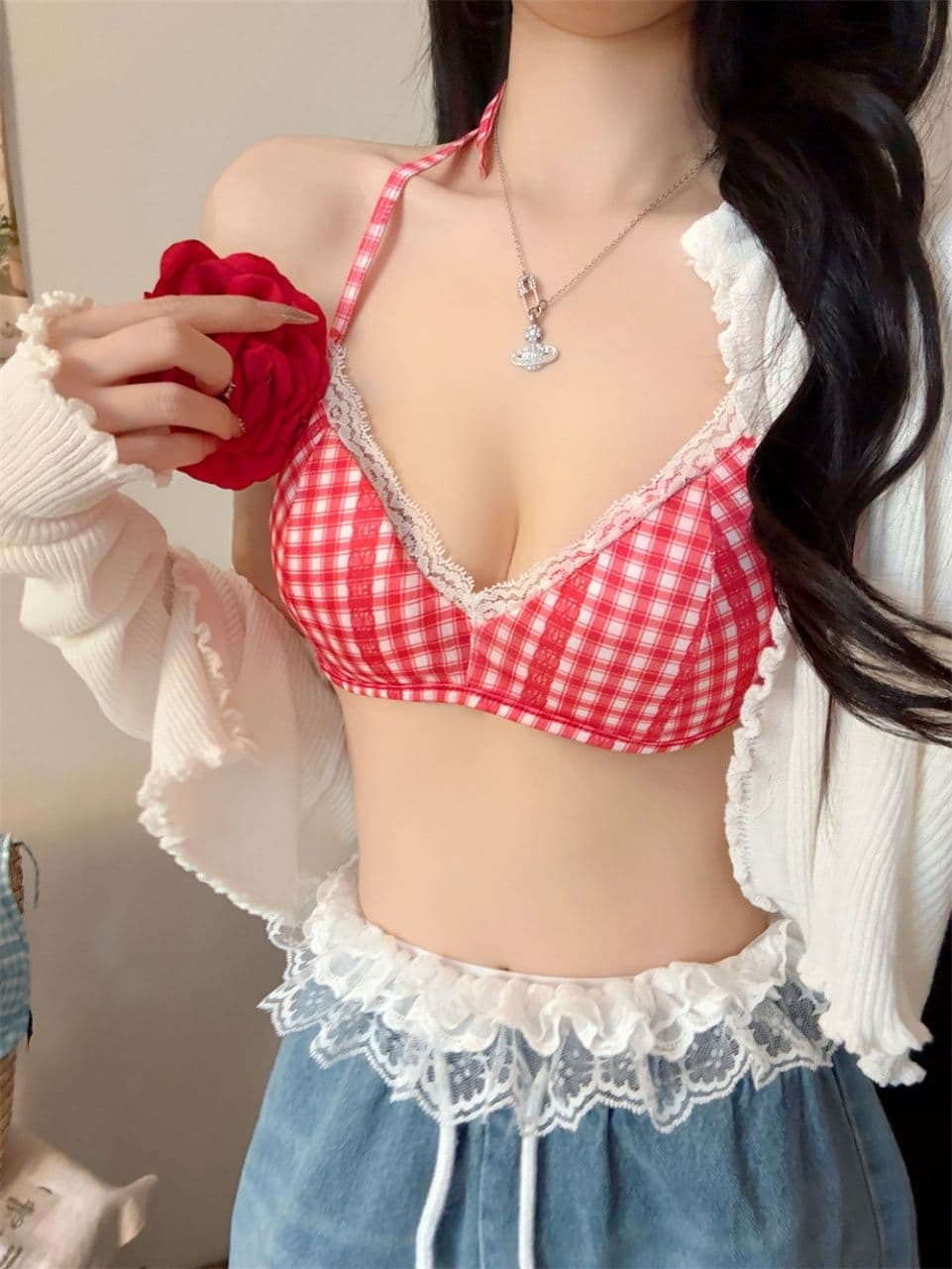 레이스 체크무늬 튜브탑 소녀 속옷 캐미솔 인사이드 가져 가라. 아름다움 뒤로 브래지어 하나 벨트 가슴 패드 상세 이미지 5