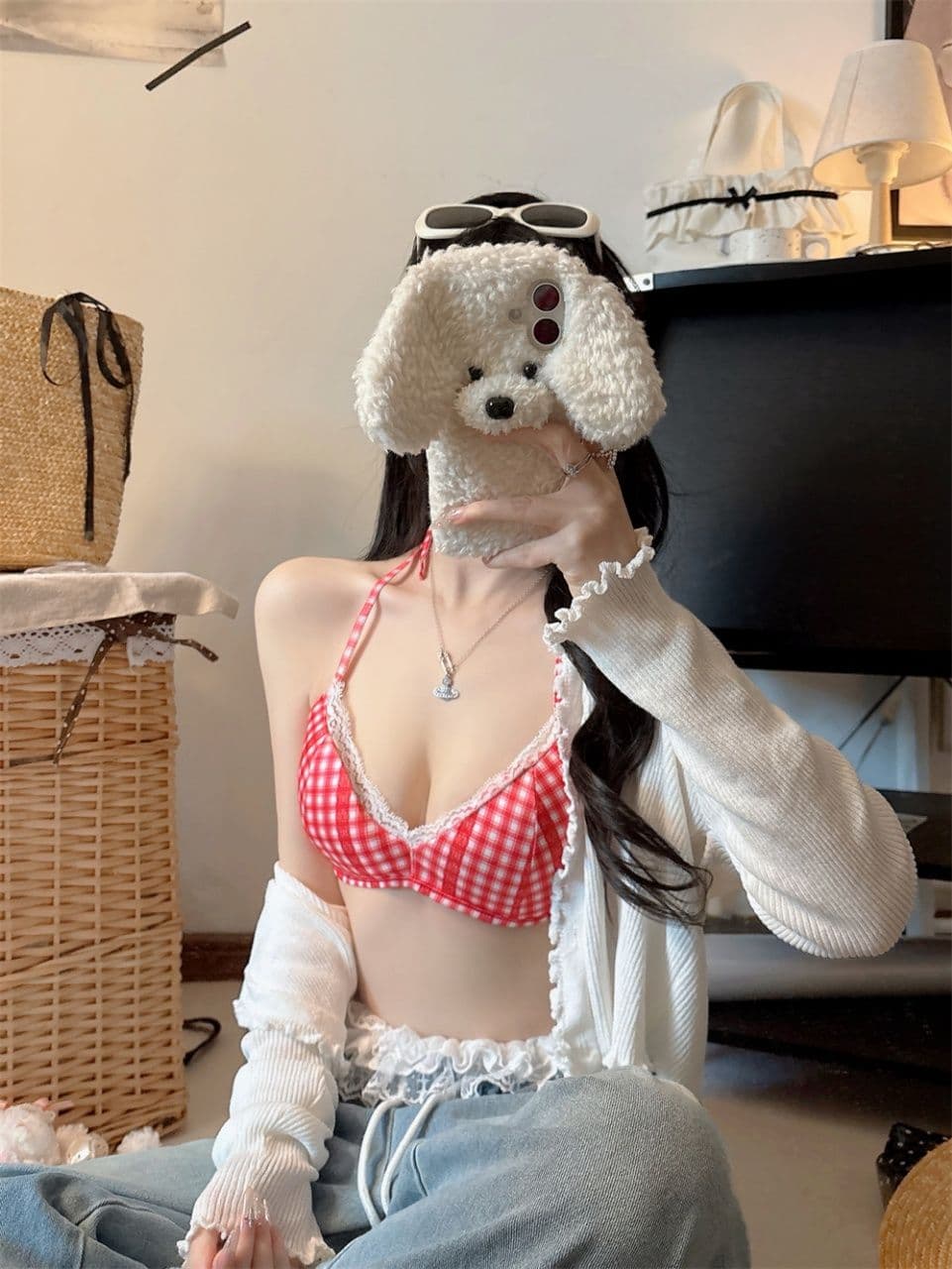 레이스 체크무늬 튜브탑 소녀 속옷 캐미솔 인사이드 가져 가라. 아름다움 뒤로 브래지어 하나 벨트 가슴 패드 상세 이미지 9