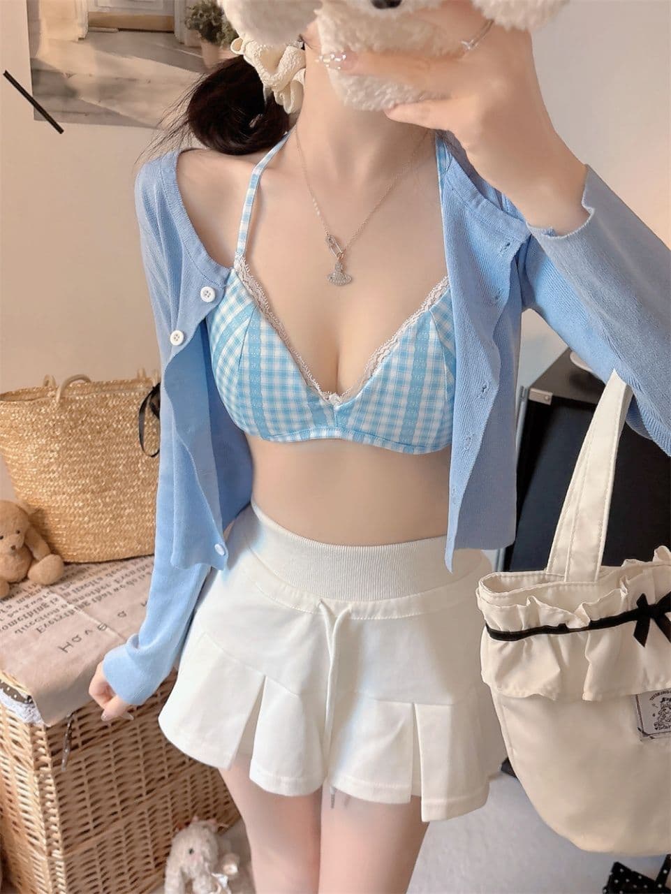레이스 체크무늬 튜브탑 소녀 속옷 캐미솔 인사이드 가져 가라. 아름다움 뒤로 브래지어 하나 벨트 가슴 패드 상세 이미지 17