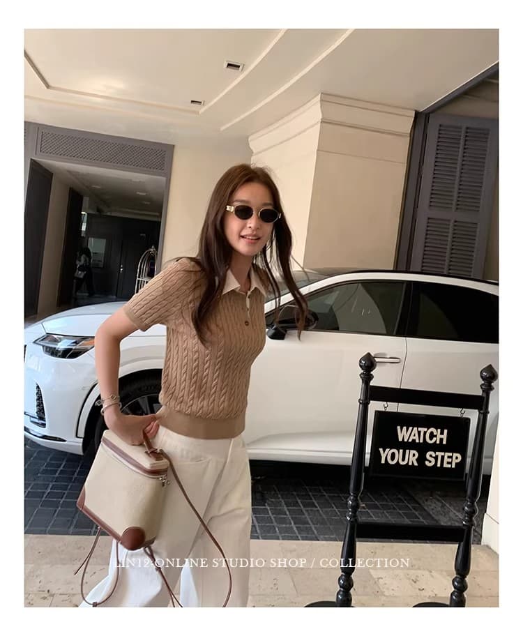 레트로 꽈배기 POLO 칼라 반팔 티셔츠 여성 여름 새로운 디자인 센스 몸매 가꾸기 슬림해 보이는 다용도 니트 맨위 트렌디 상세 이미지 10