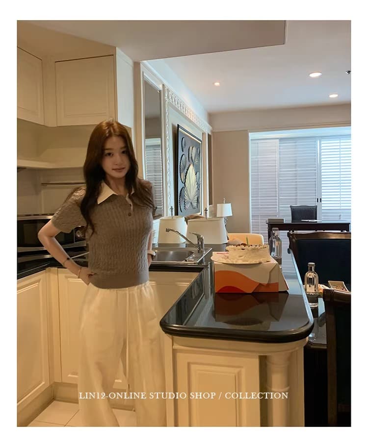 레트로 꽈배기 POLO 칼라 반팔 티셔츠 여성 여름 새로운 디자인 센스 몸매 가꾸기 슬림해 보이는 다용도 니트 맨위 트렌디 상세 이미지 46