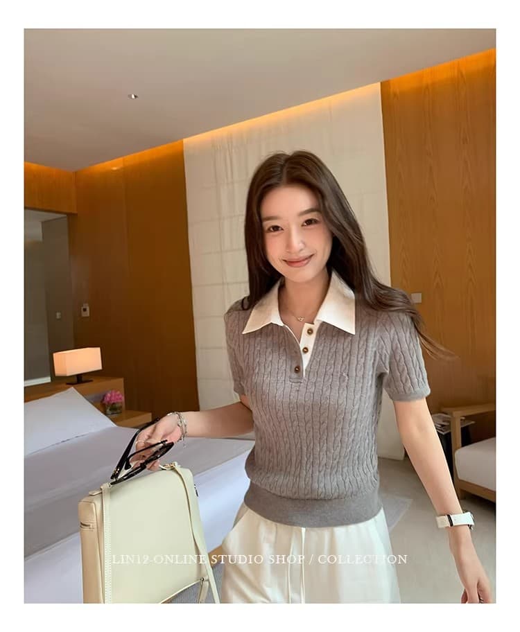 레트로 꽈배기 POLO 칼라 반팔 티셔츠 여성 여름 새로운 디자인 센스 몸매 가꾸기 슬림해 보이는 다용도 니트 맨위 트렌디 상세 이미지 49