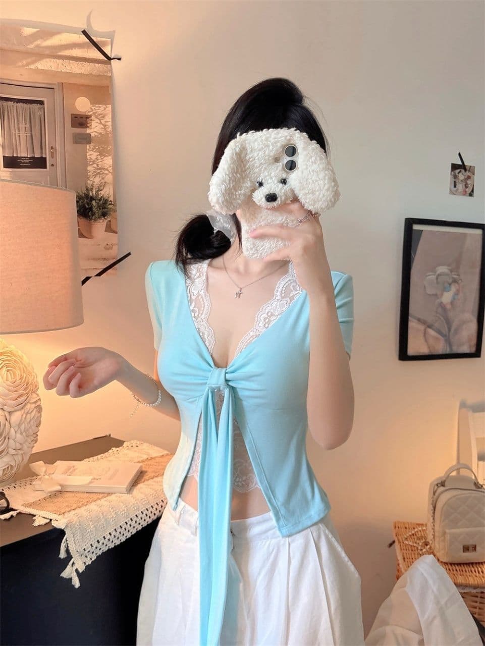 순수한 욕망 섹시함 레이스 측면 나비 넥타이 V넥 반팔 티셔츠 여성 여름 프랑스식 페이크 레이어드 벨트 가슴 패드 의류 상세 이미지 1