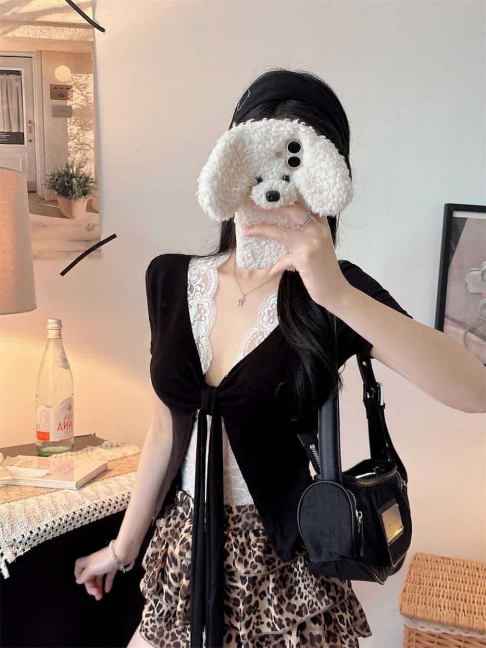 순수한 욕망 섹시함 레이스 측면 나비 넥타이 V넥 반팔 티셔츠 여성 여름 프랑스식 페이크 레이어드 벨트 가슴 패드 의류 상세 이미지 7