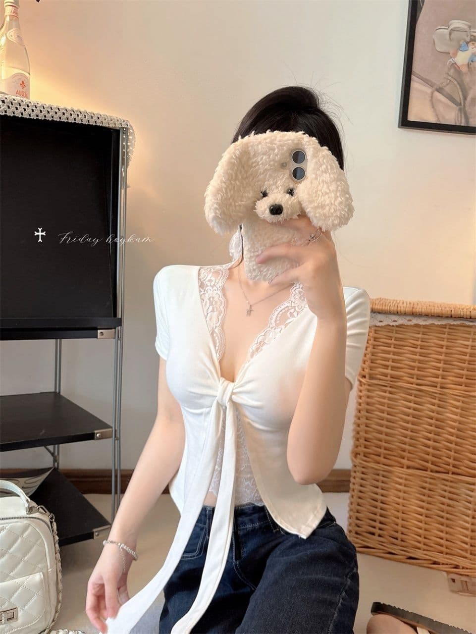 순수한 욕망 섹시함 레이스 측면 나비 넥타이 V넥 반팔 티셔츠 여성 여름 프랑스식 페이크 레이어드 벨트 가슴 패드 의류 상세 이미지 9
