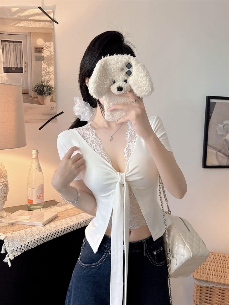 순수한 욕망 섹시함 레이스 측면 나비 넥타이 V넥 반팔 티셔츠 여성 여름 프랑스식 페이크 레이어드 벨트 가슴 패드 의류 상세 이미지 11